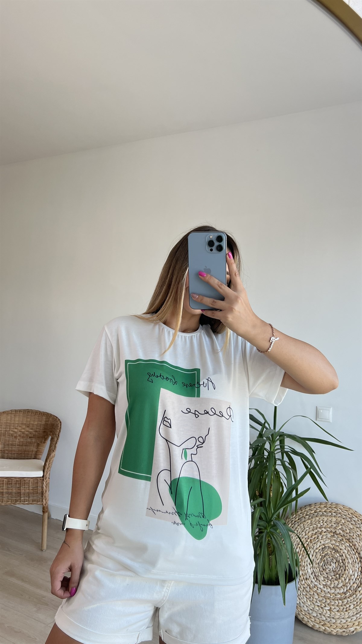 Yazı Baskı Likralı Ekru Tshirt