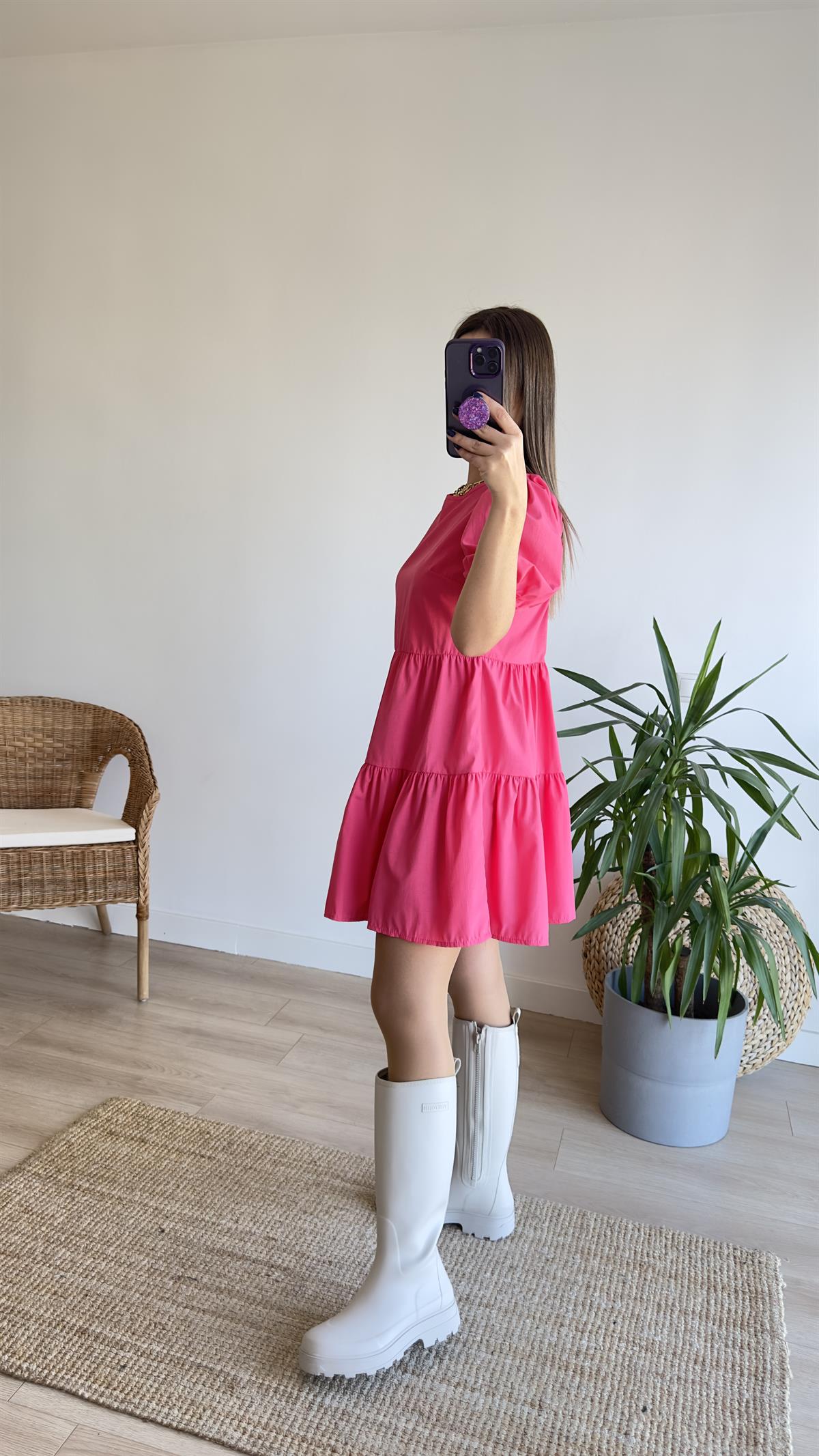 Sırt Pencereli Pembe Poplin Elbise