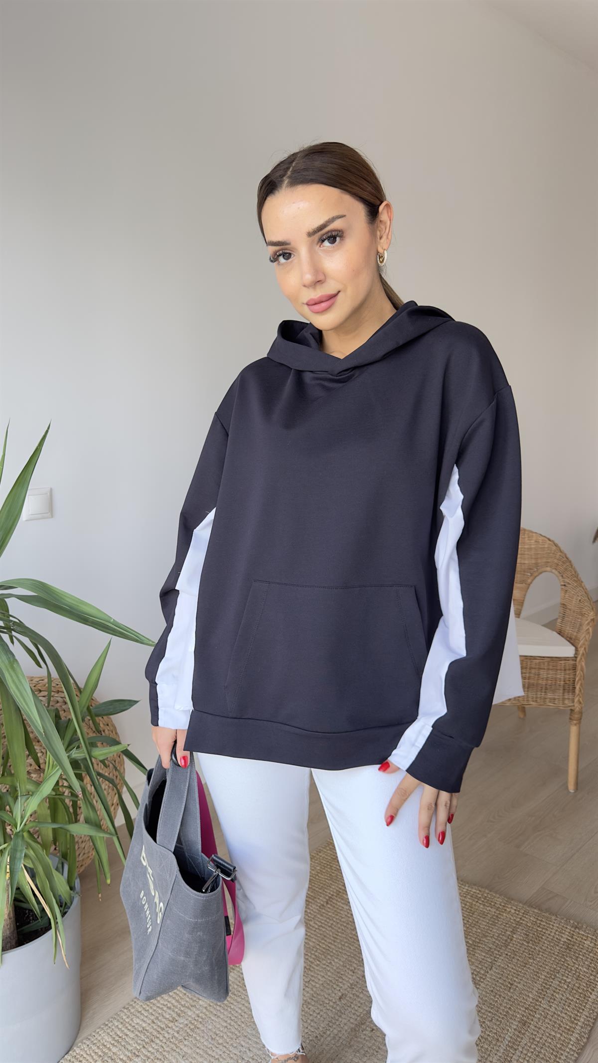 Zra Model Sırtı Poplin Kapüşonlu Lacivert Sweat