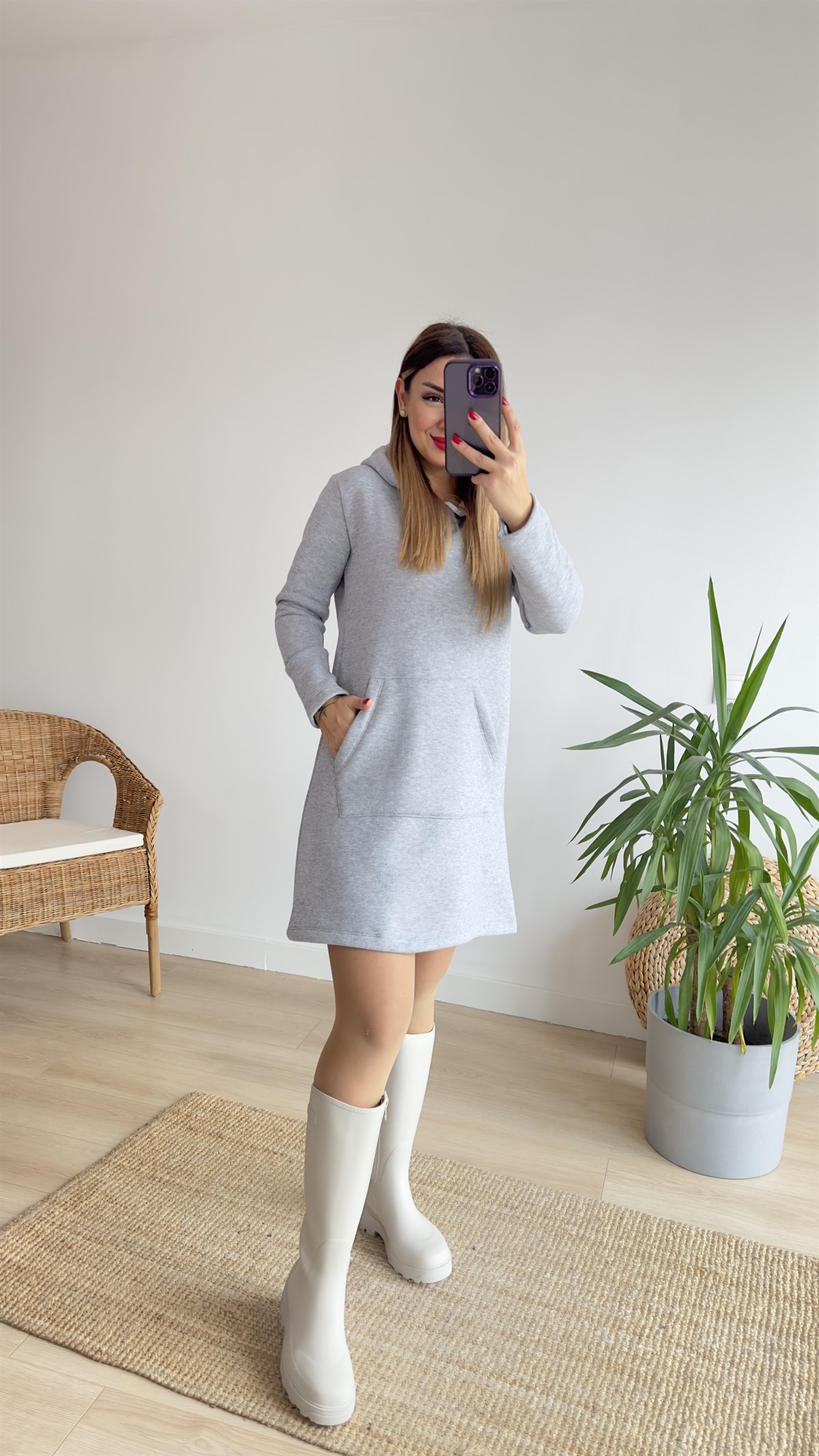 Kanguru Cep Kapüşonlu Gri Sweat Elbise