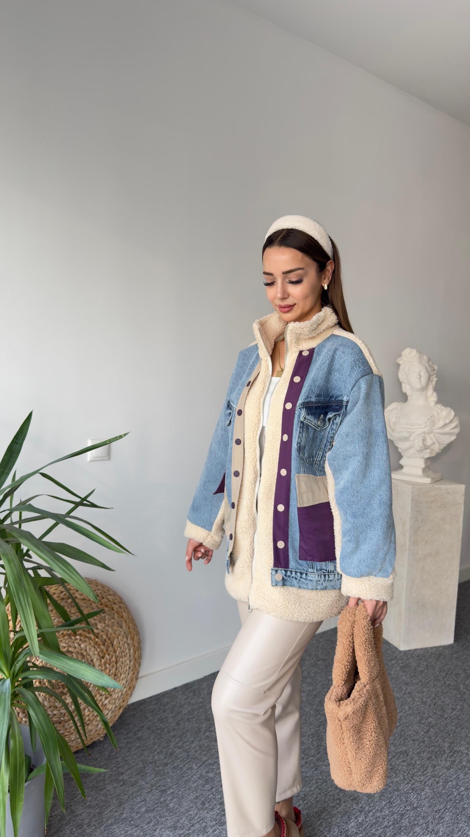 Denim Mix Mor Detay Peluş Mont 
