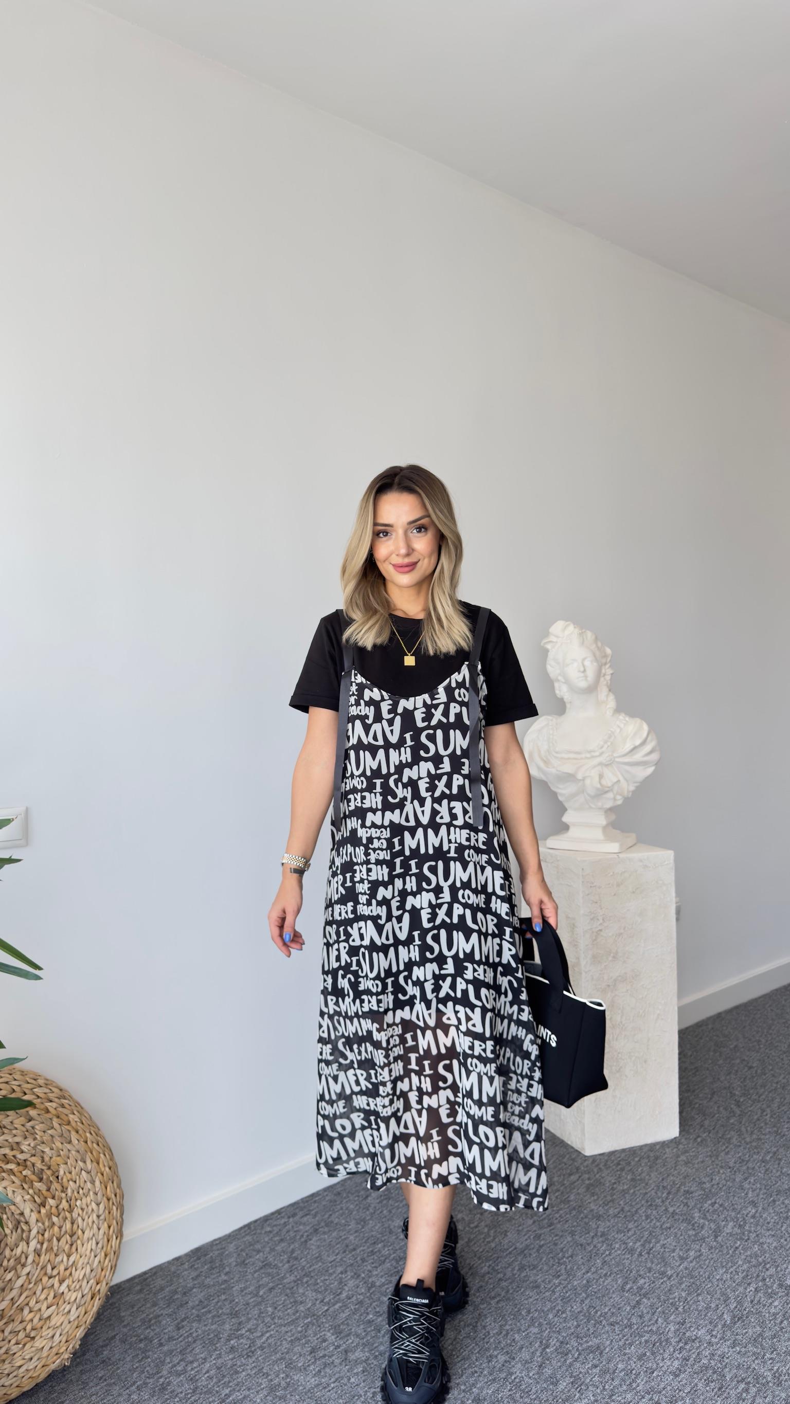 Tws Model Yazı Detaylı İkili Siyah Elbise