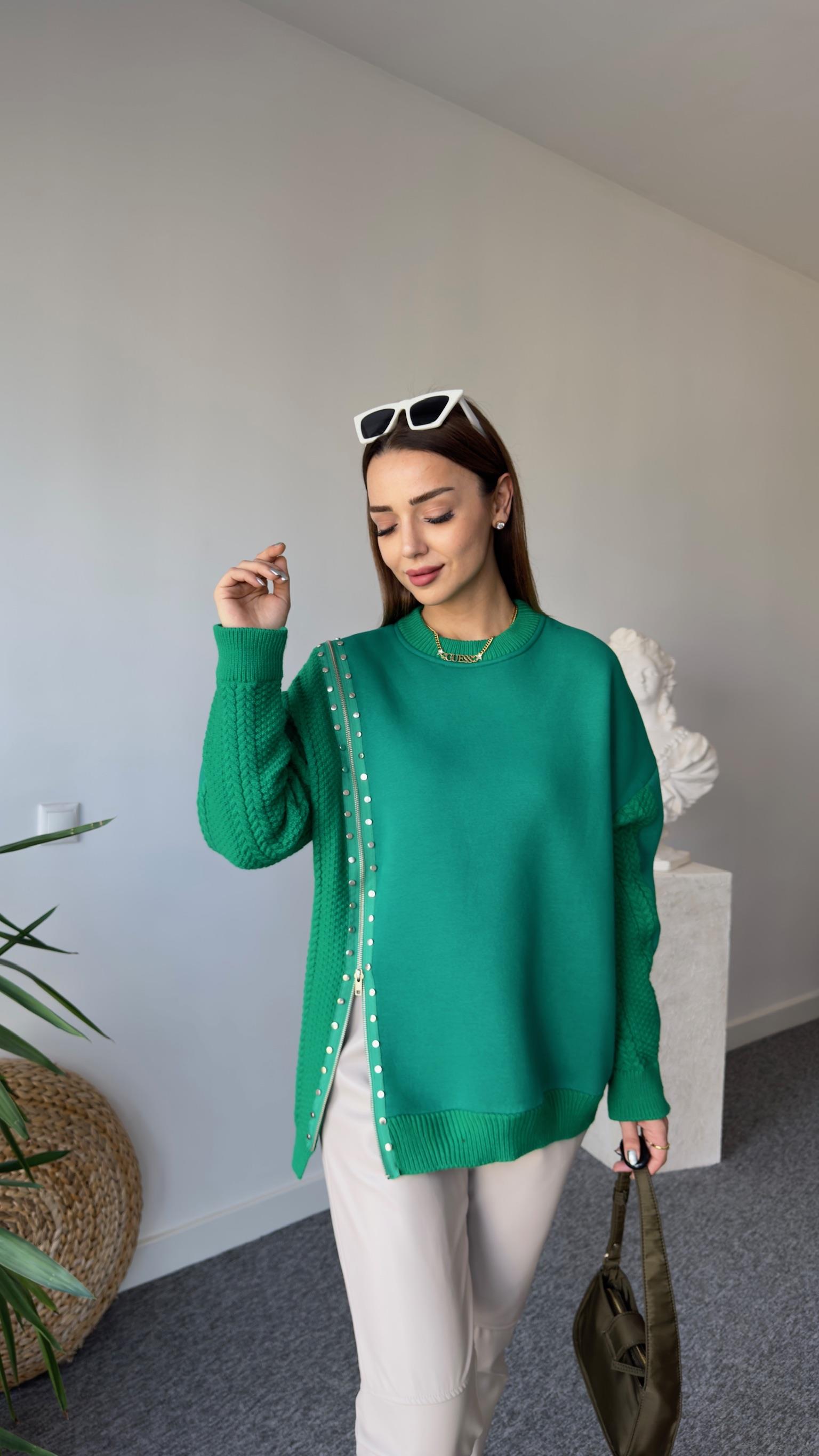 Fermuarlı Taş Detay Orj Model Yeşil Tasarım Sweat 