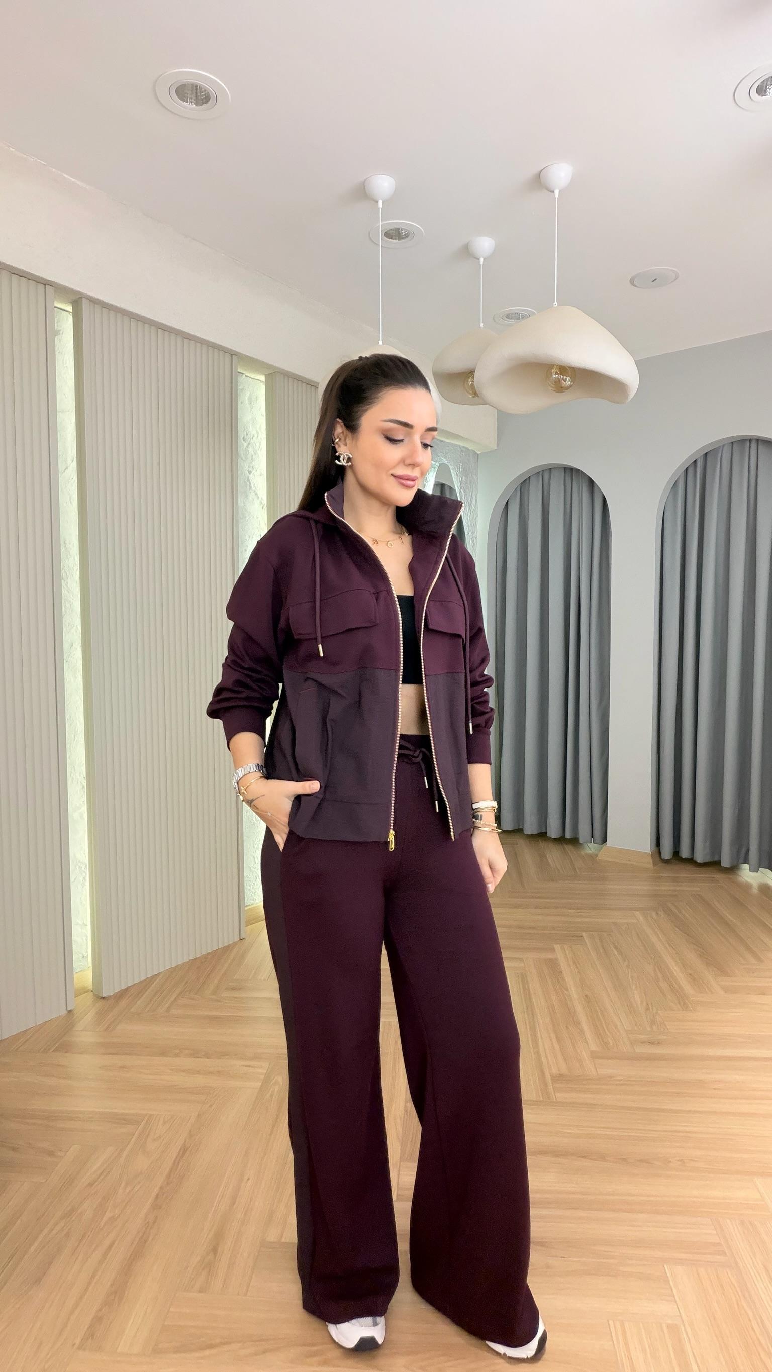 Bordo Lofen Paraşüt Garnili Kapüşonlu Modal Takım
