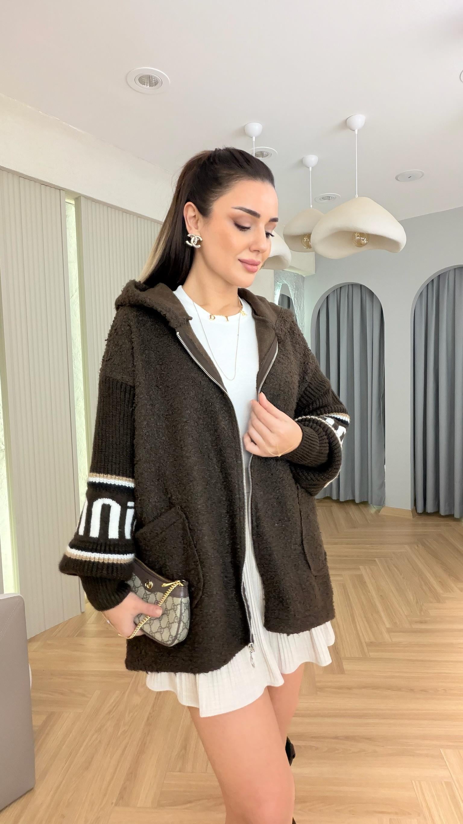 Kahve Kol Triko Detaylı Buklet Ceket