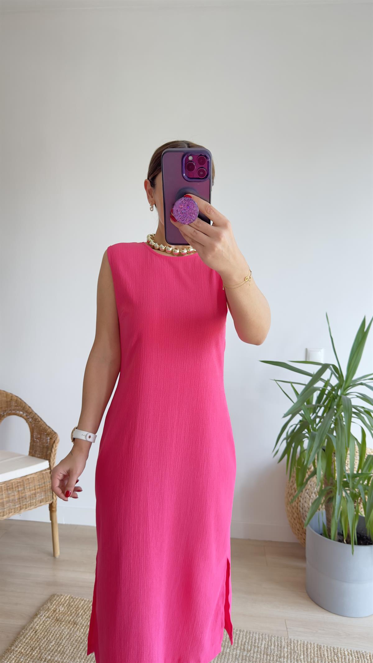 Yırtmaçlı Pembe Basic Elbise