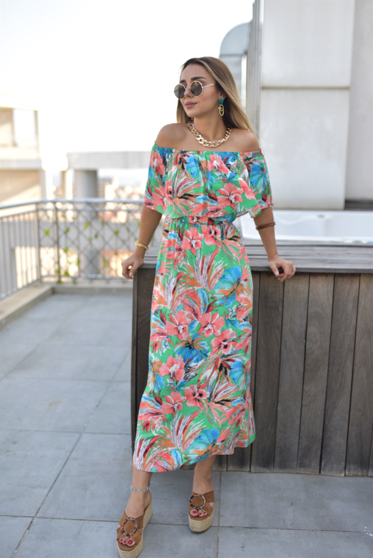 Floral Desen Uzun Elbise