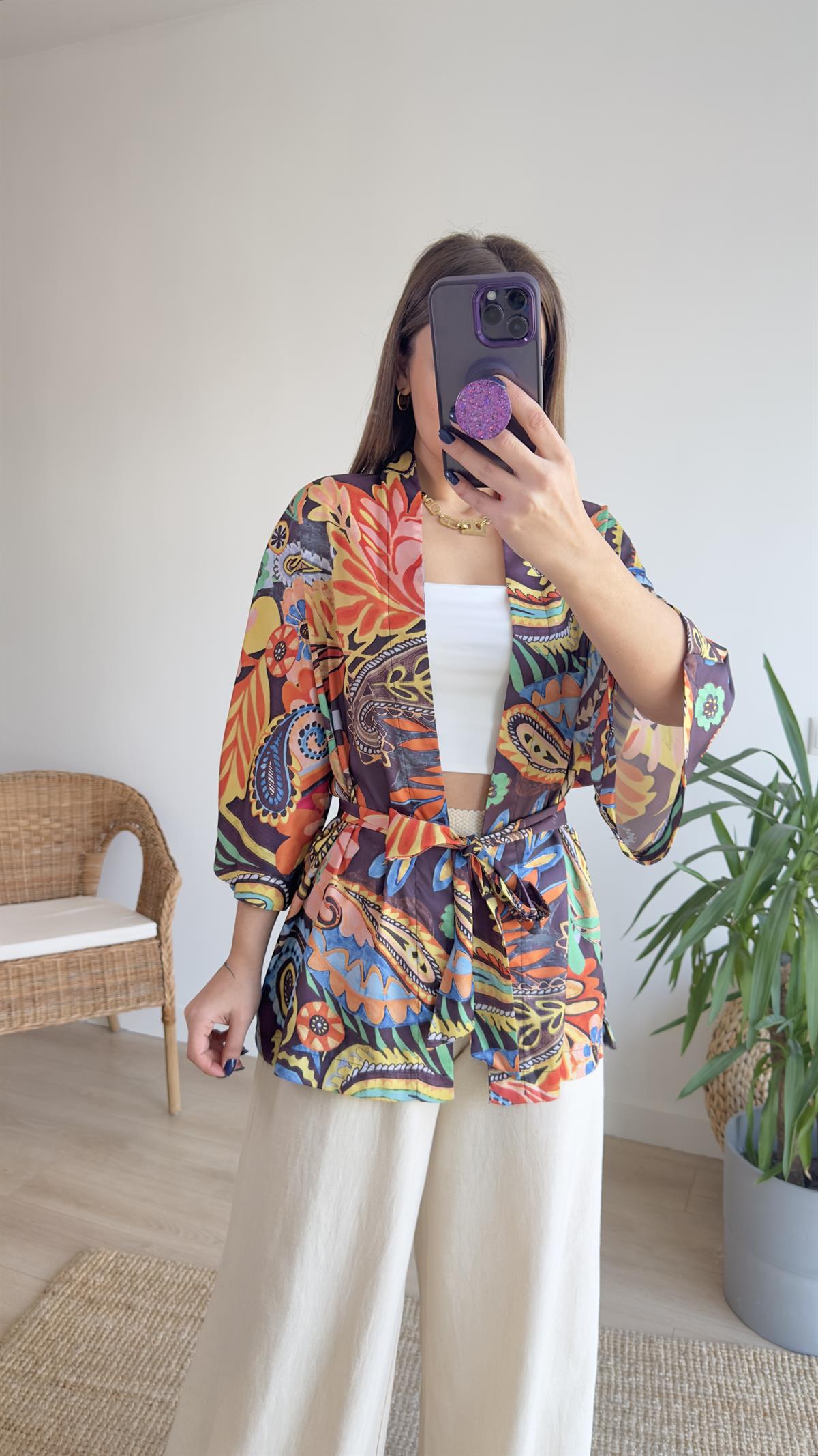Çok Renkli Saten Kimono Ceket