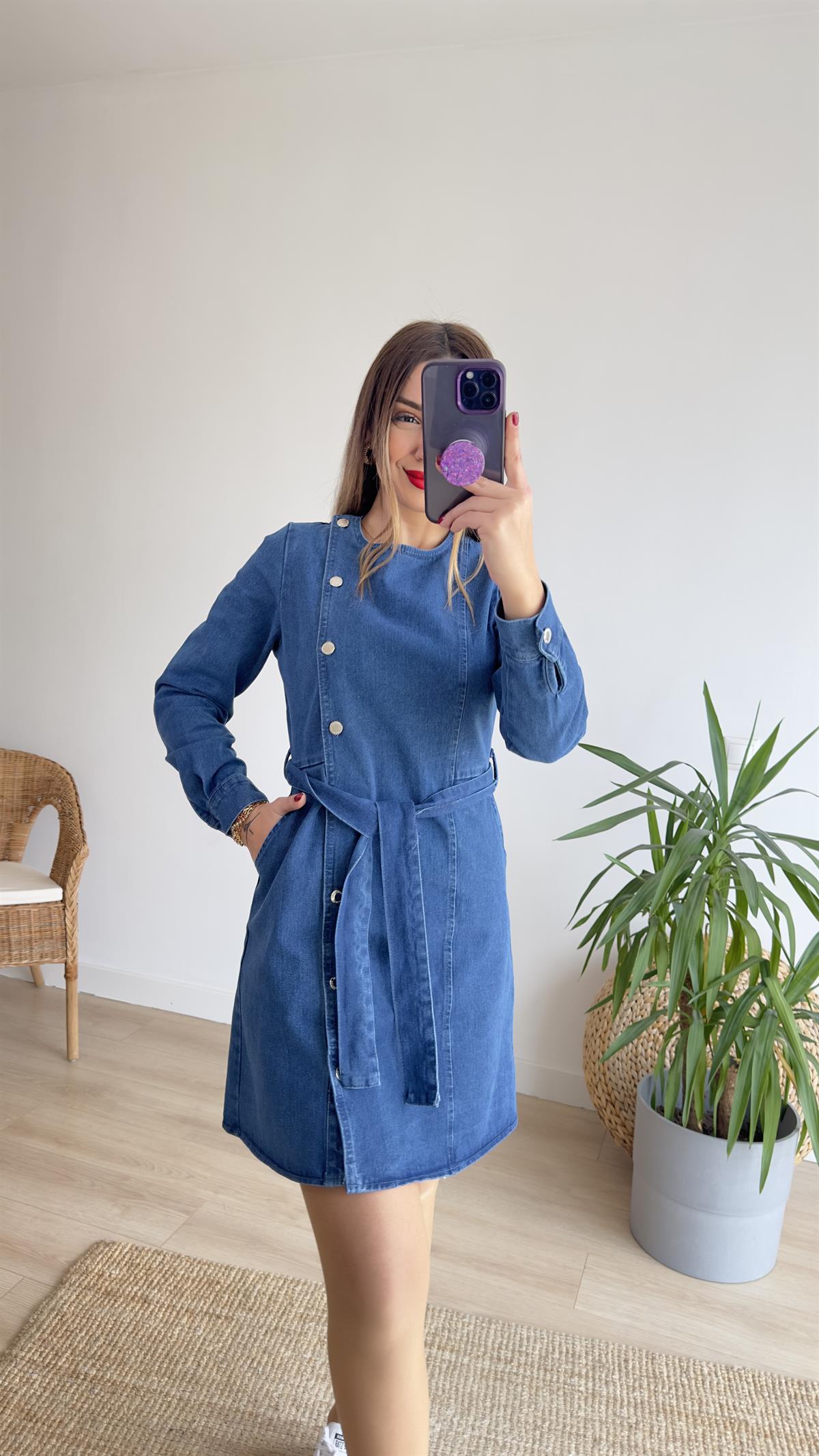 Düğmeli Mavi Denim Elbise