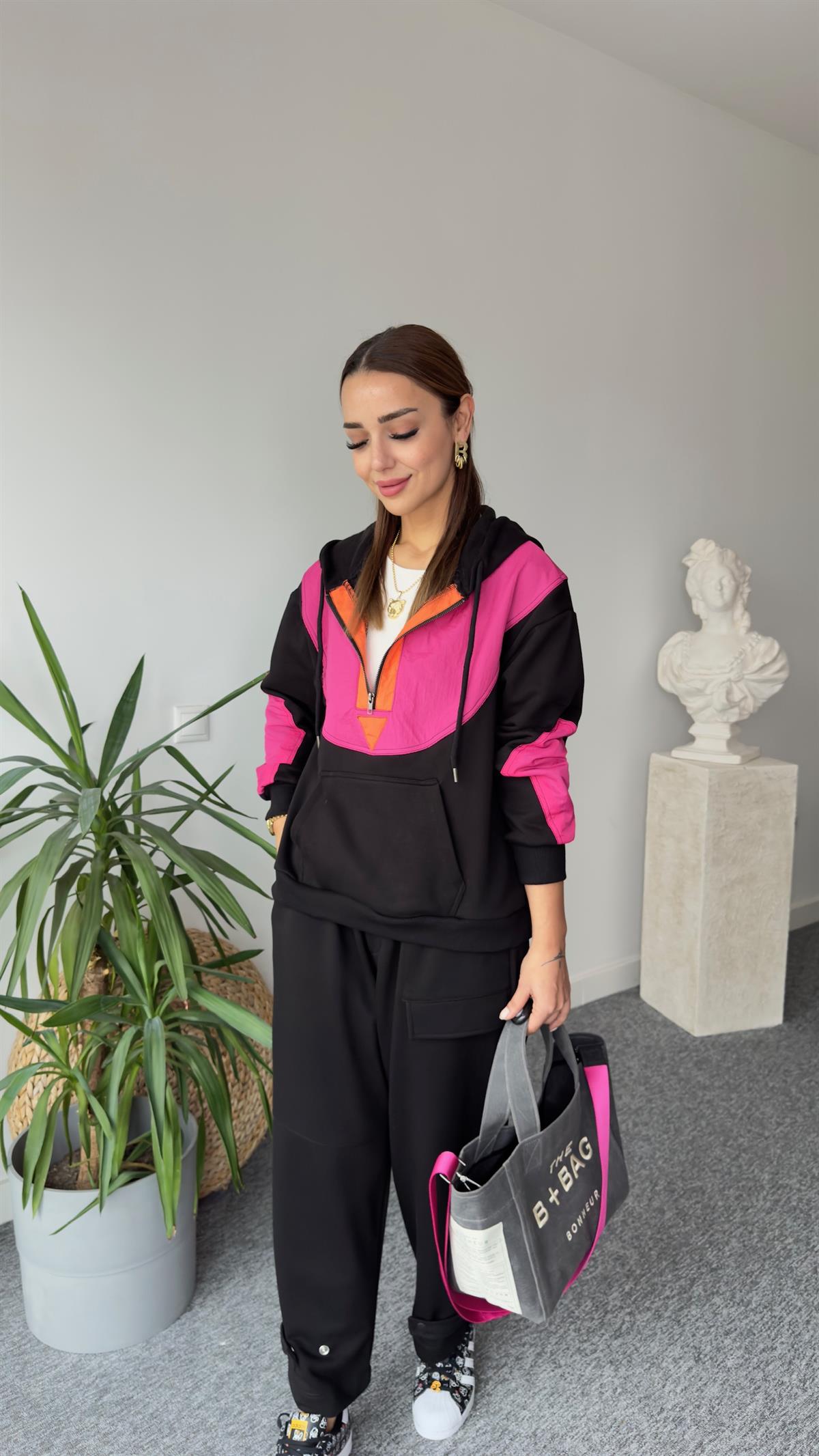 Flat Yarım Fermuar Fuşya Detay Sweat