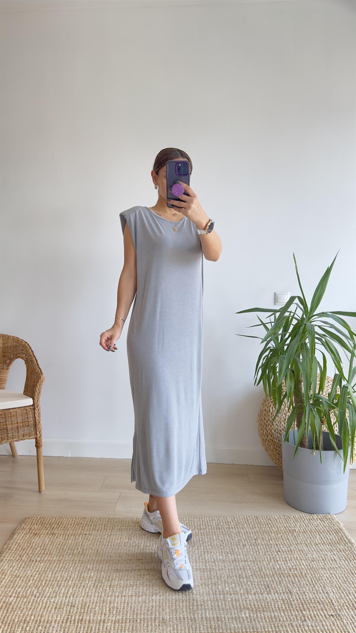 Gri Modal Kumaş Yırtmaçlı Basic Elbise