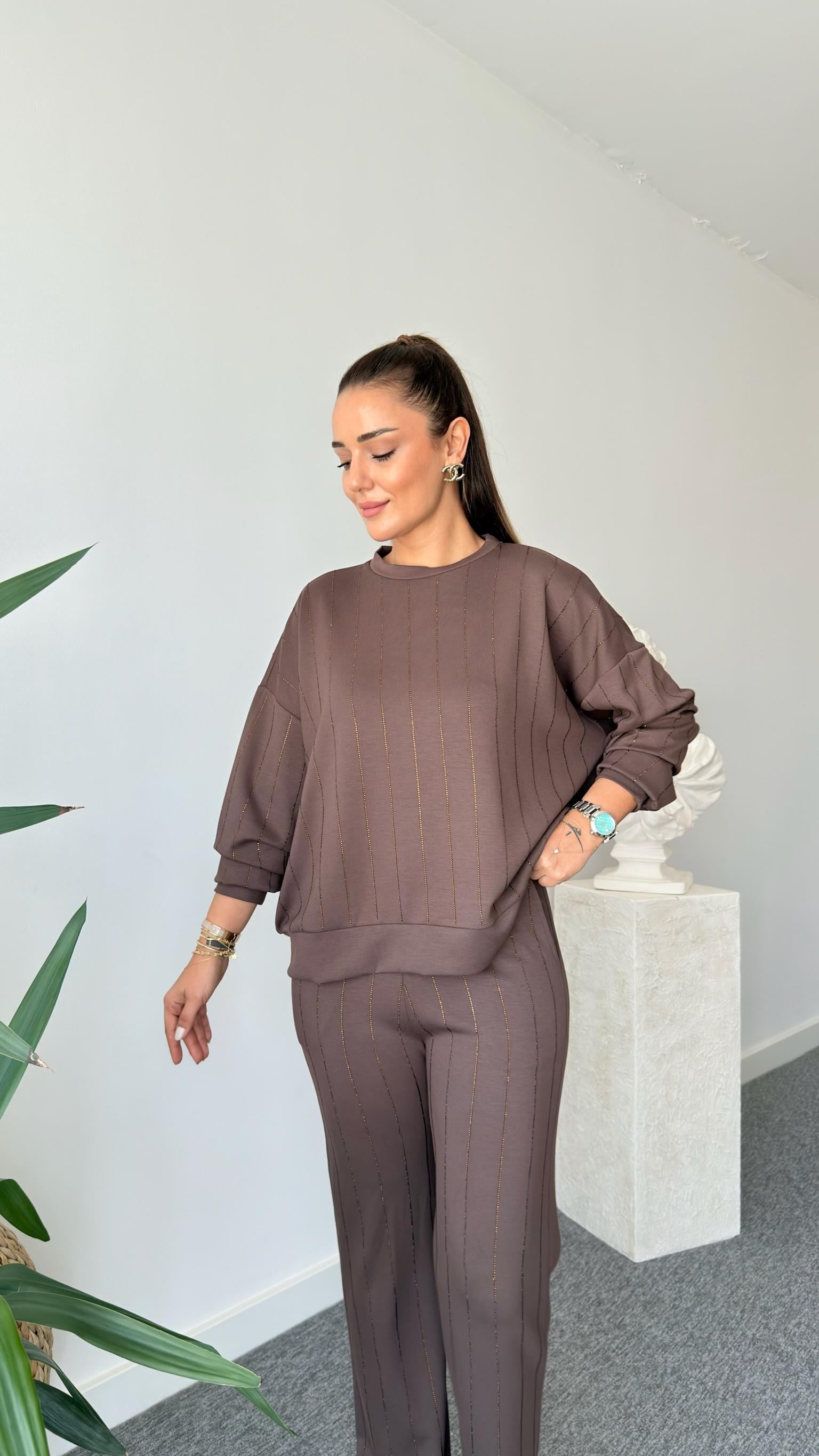Kahve Jera Taşlı Modal Takım