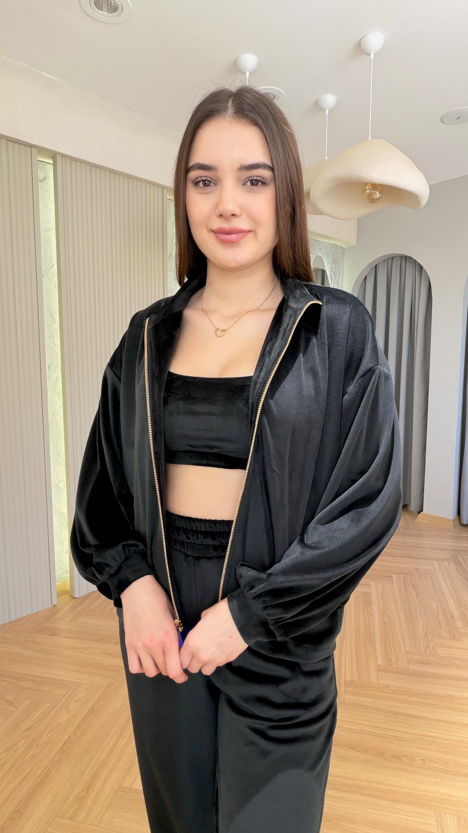 Siyah Tovi Kadife Üçlü Takım