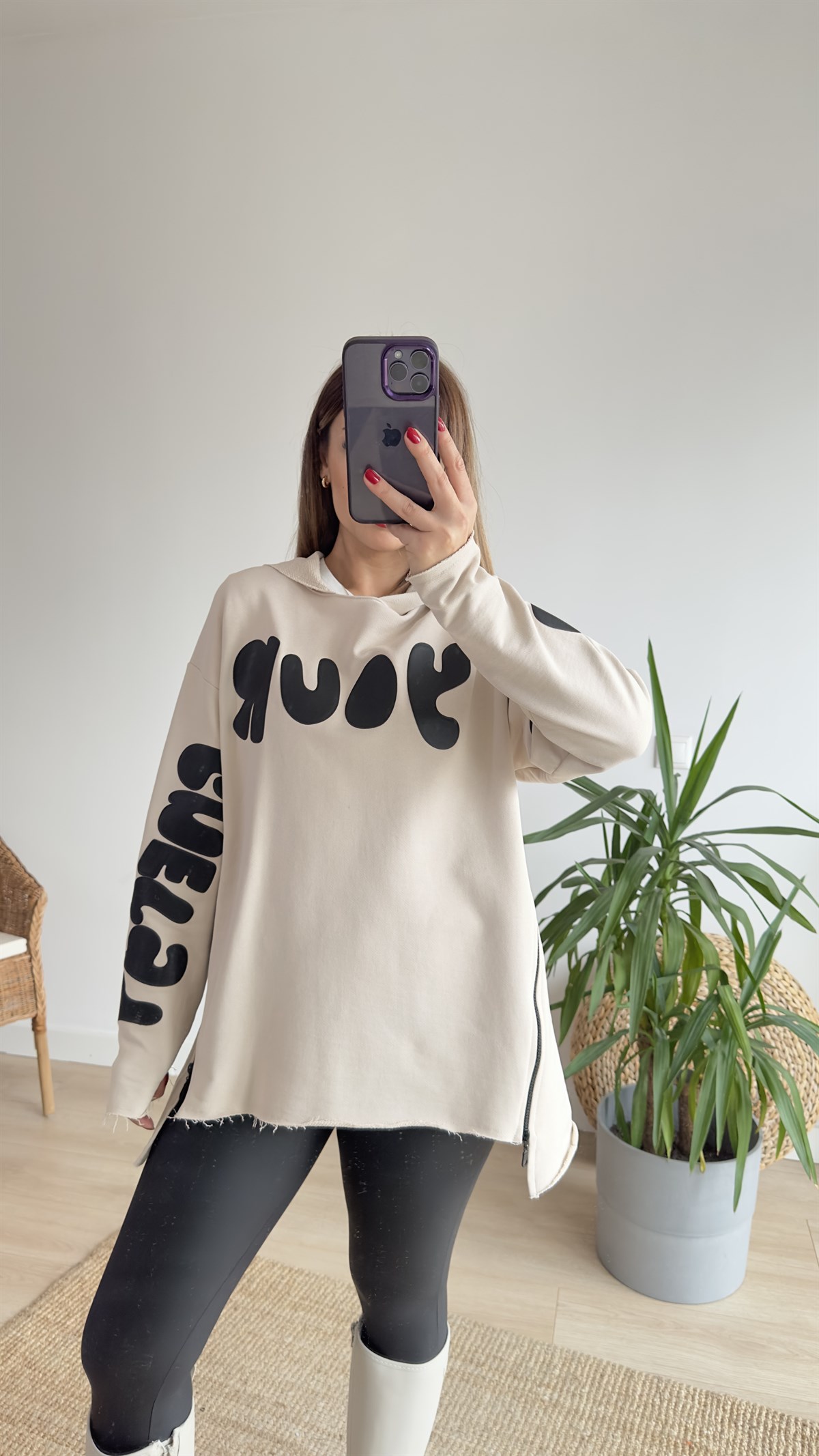 Yazı Ve Fermuar Detaylı Krem Sweat