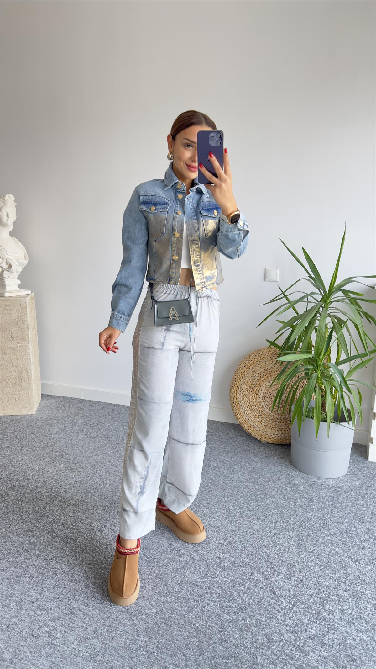 Zra Model Gold Metalik Detay Jean Ceket