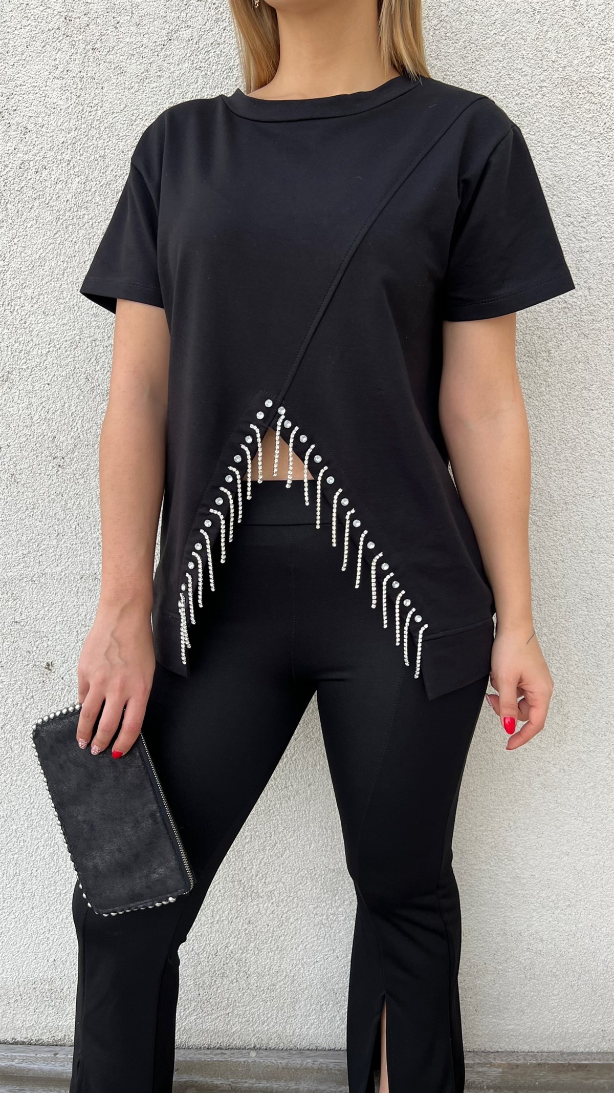 Taş Detaylı Siyah Tasarım Tshirt