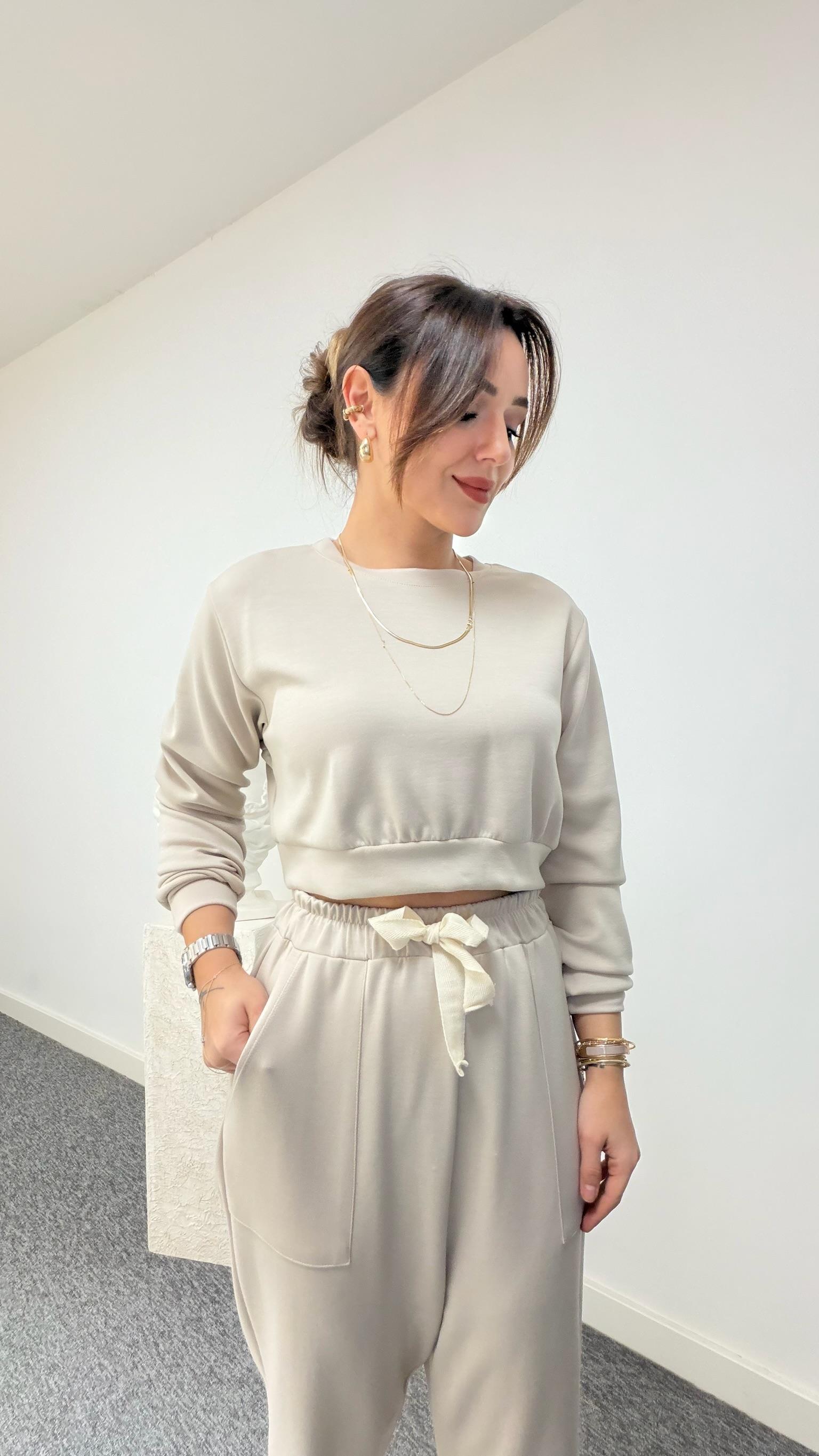 Bej Crop Sweat Modal Takım