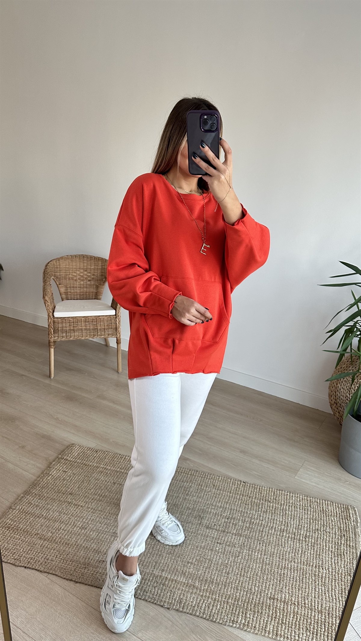 Pileli Yanları Yırtmaçlı Turuncu Sweat