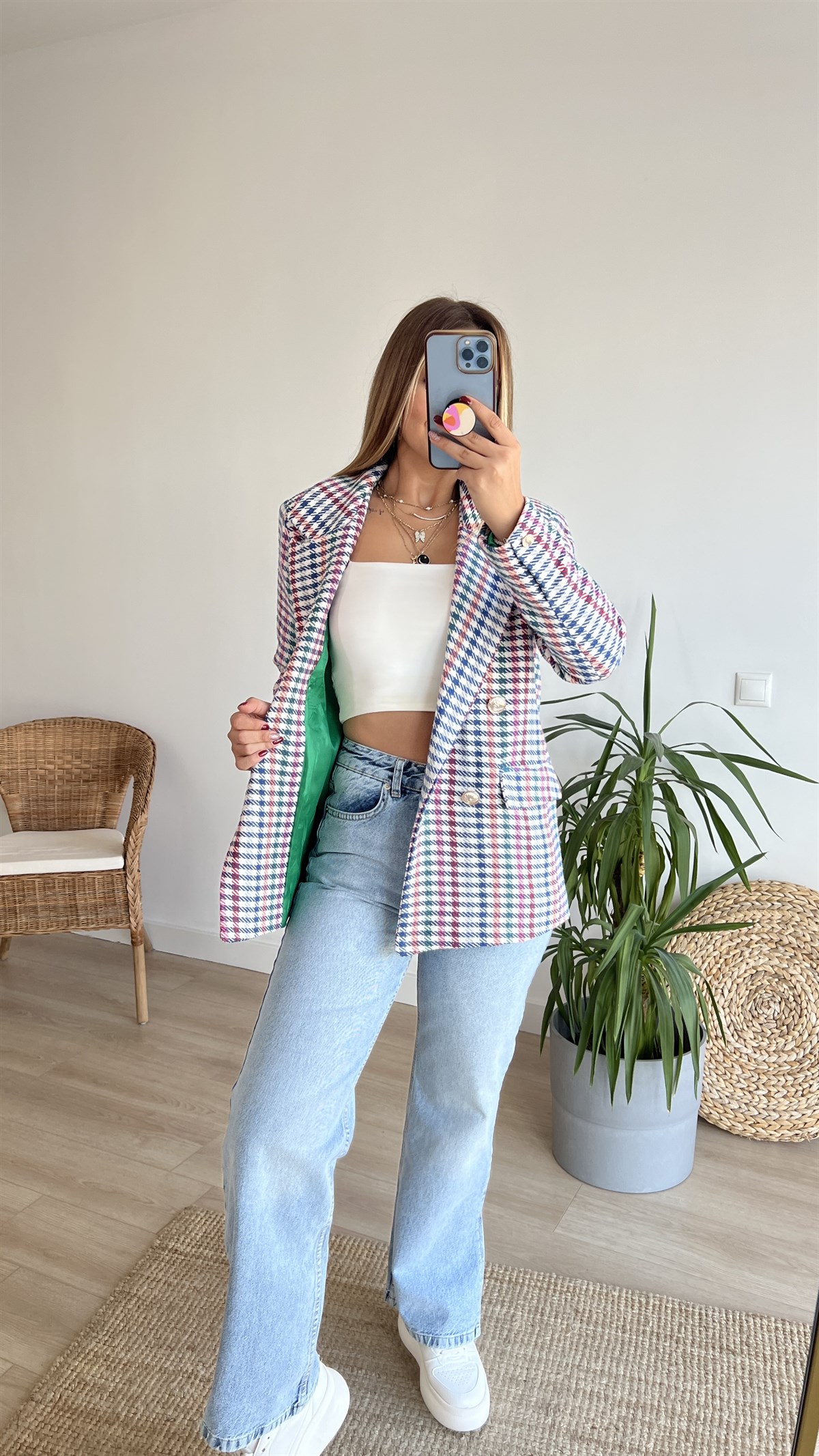 Çok Renkli Ekose Blazer Ceket