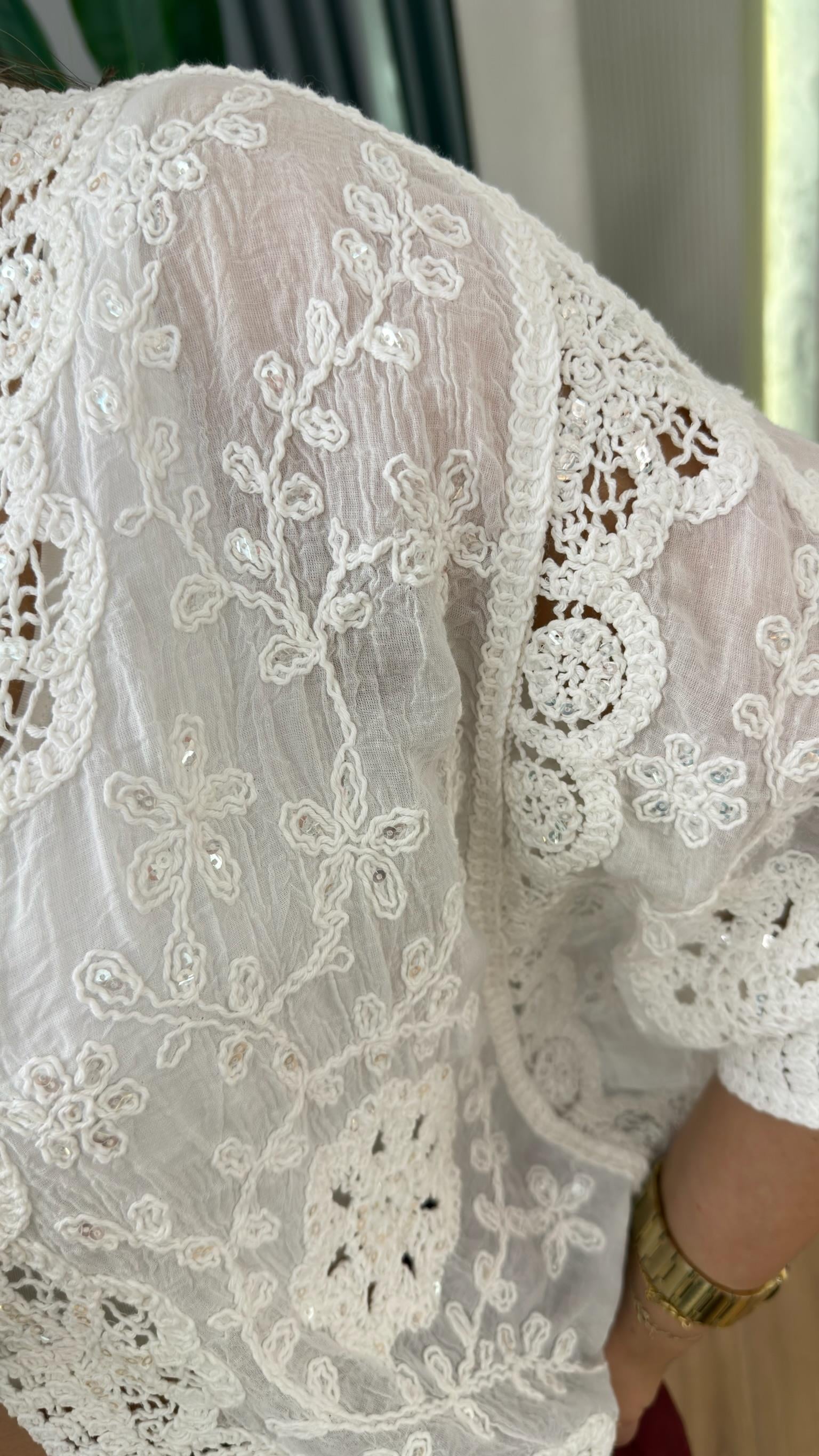 Ekru Dantel İşlemeli Premium Bluz