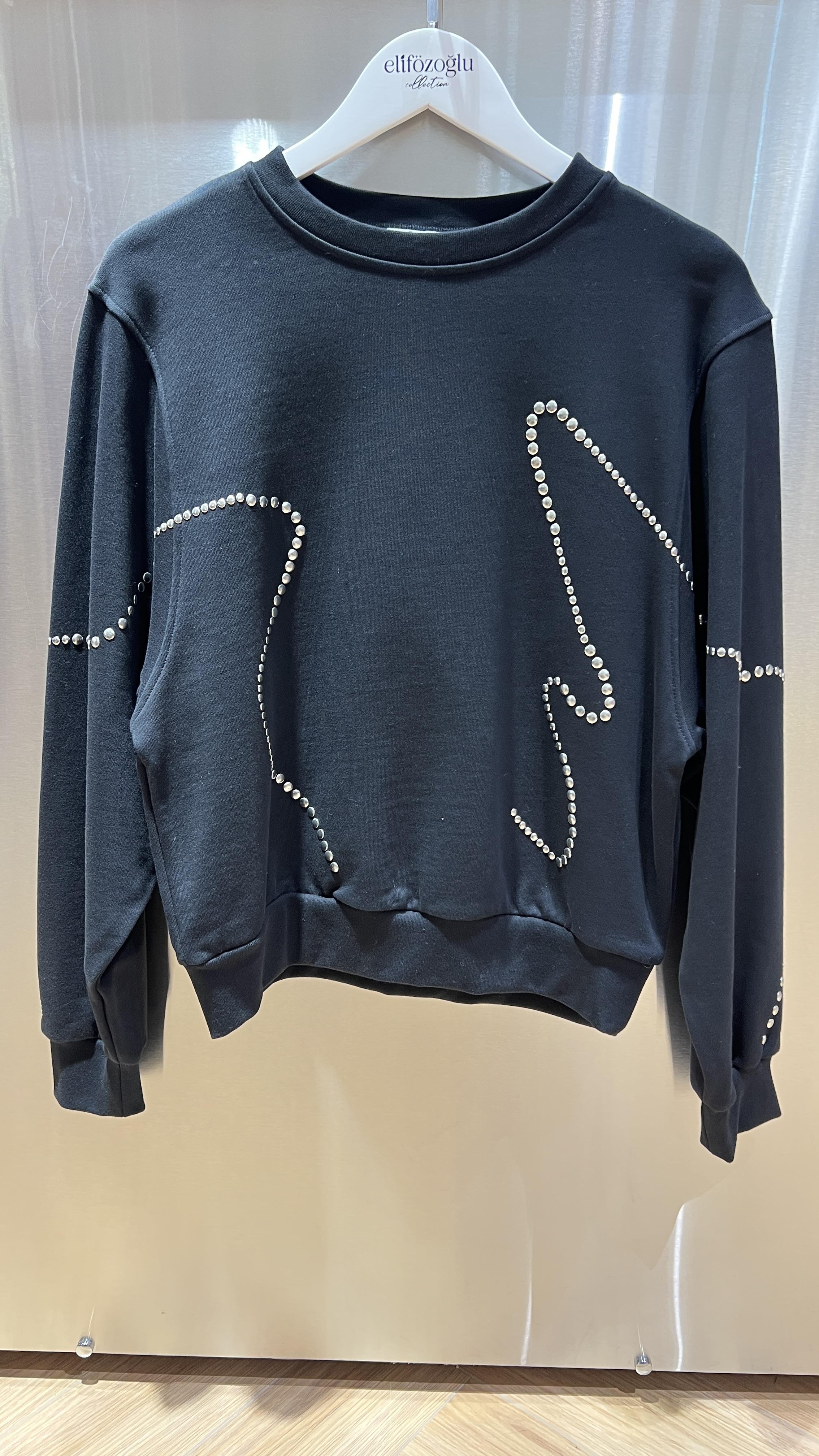 Zımba Baskılı Siyah Sweatshirt