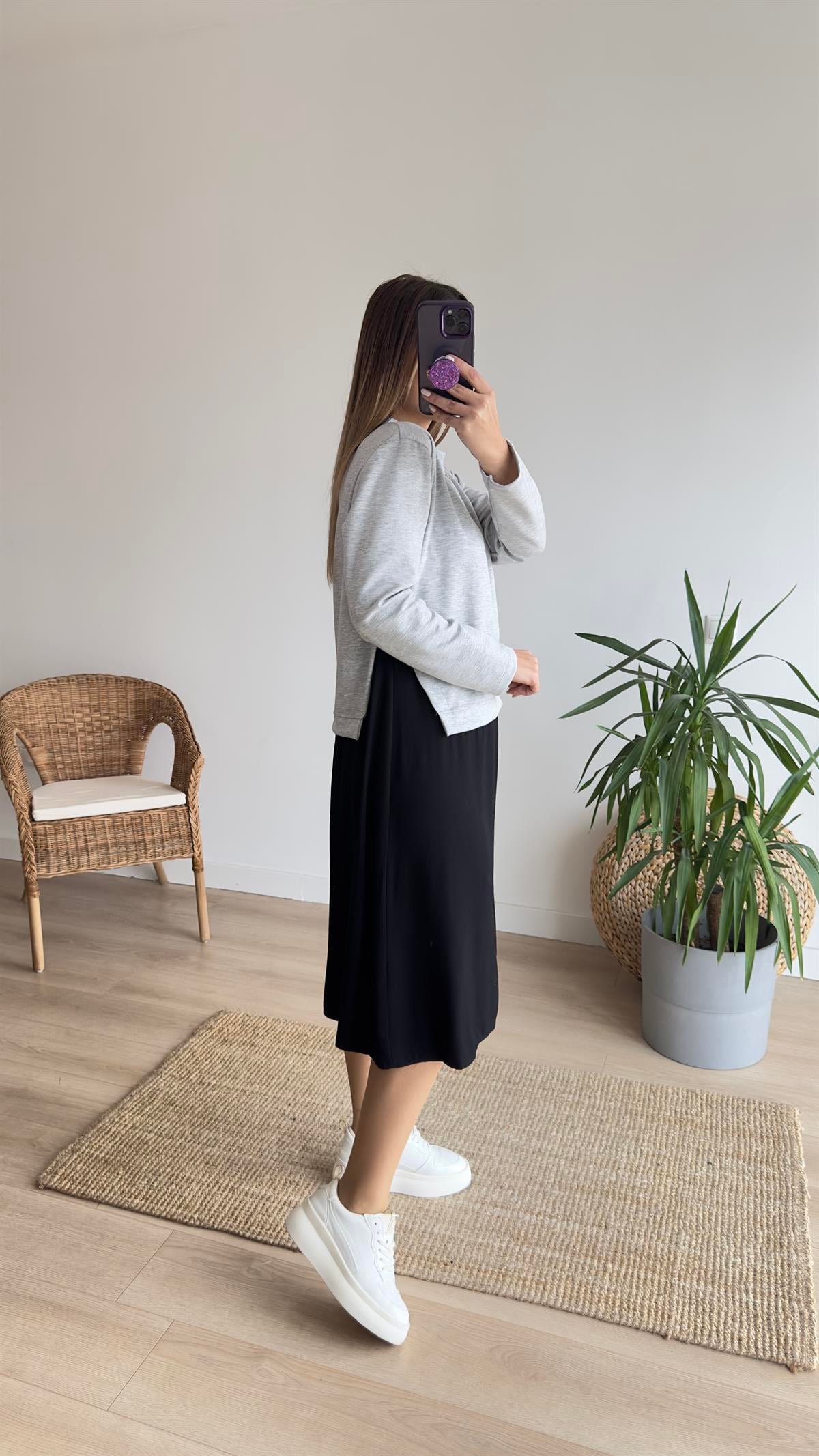 Viskon Detaylı Gri Sweat Elbise 