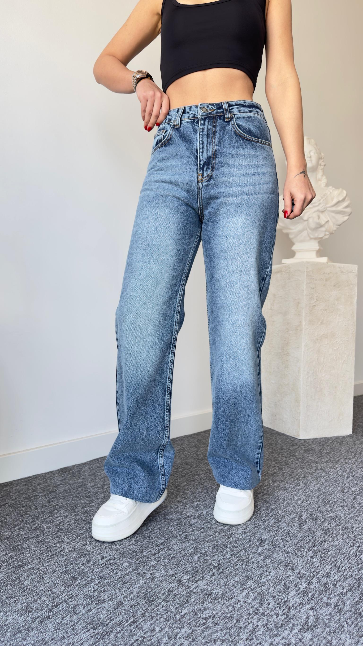 Wıde Leg Taşlamalı Mavi Jean