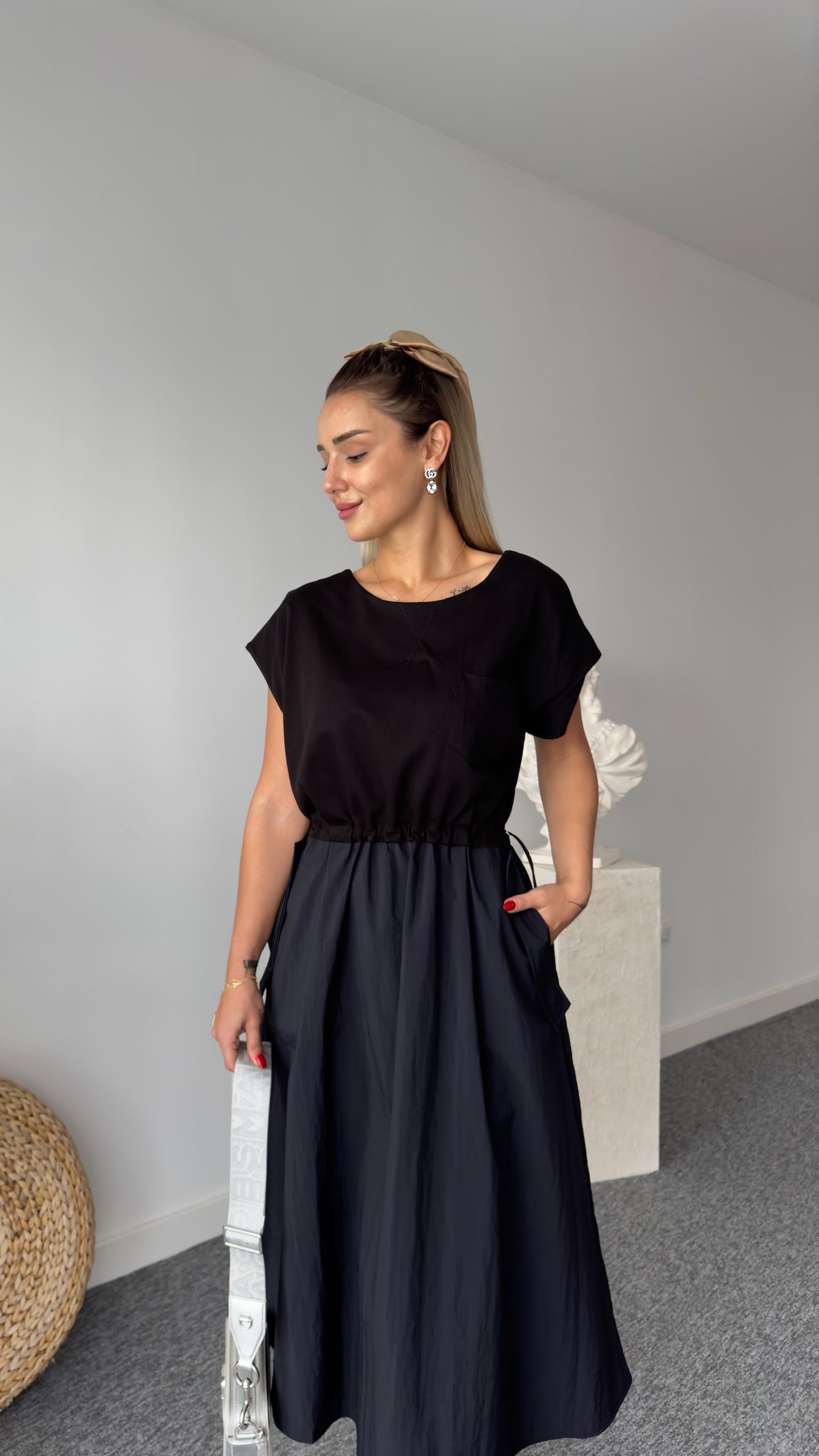 Cros Tws Model Bel Büzgülü Siyah Elbise 