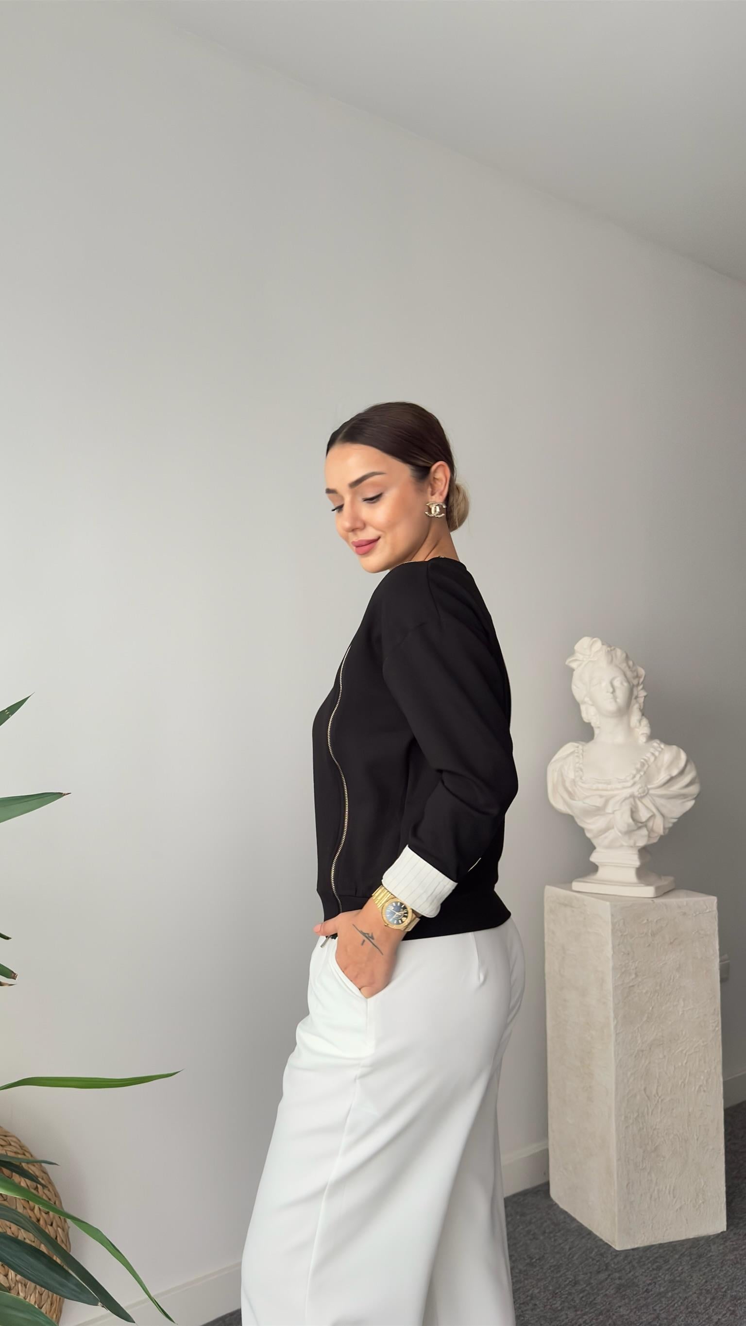 Taniya Fermuar Detaylı Siyah Modal Sweat