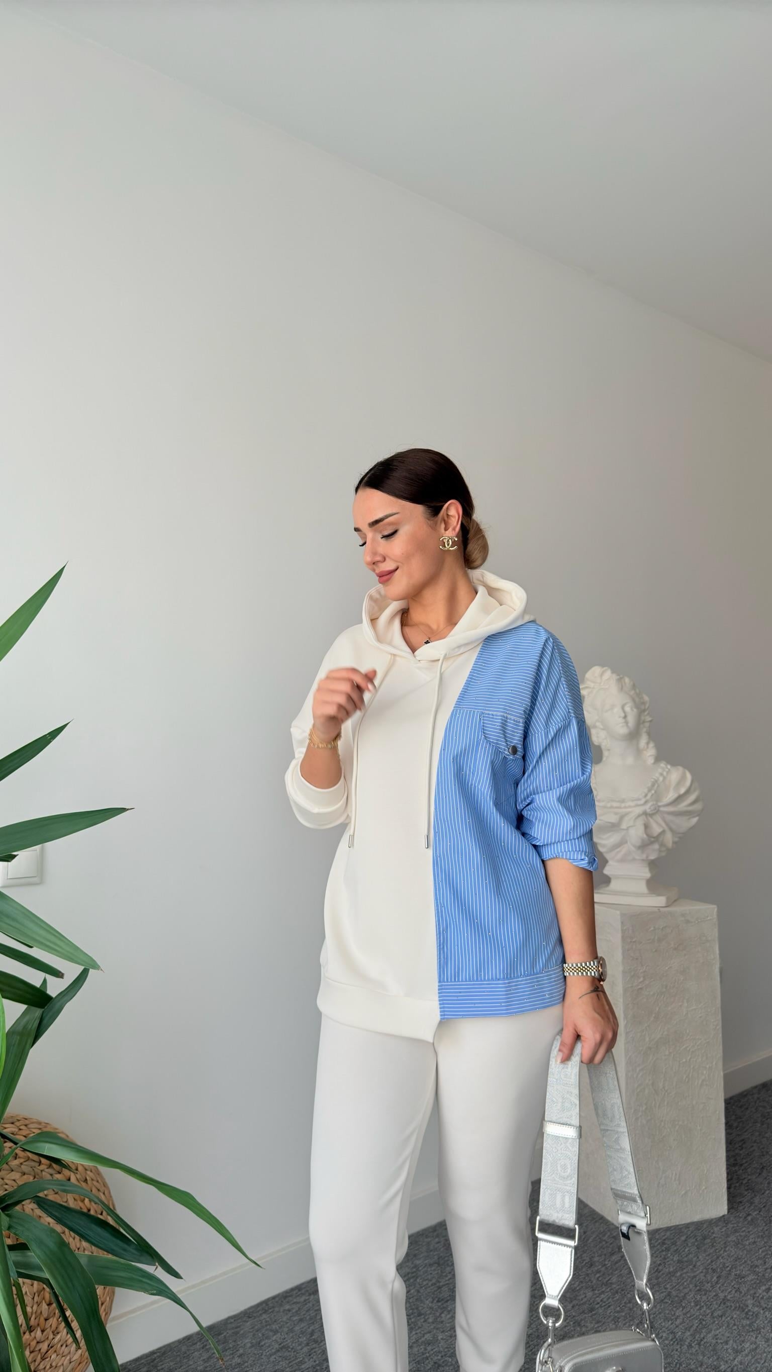 Quale Taşlı Poplin Garnili Modal Sweat