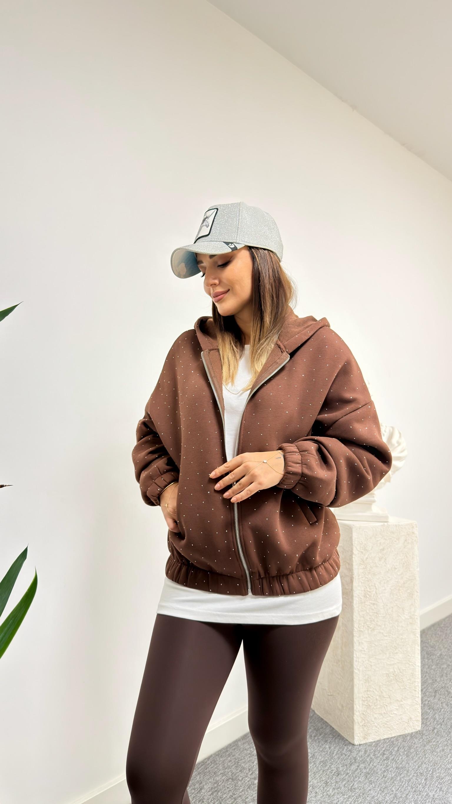Kahve Nillo Taş Detaylı Şardonlu Sweatshirt