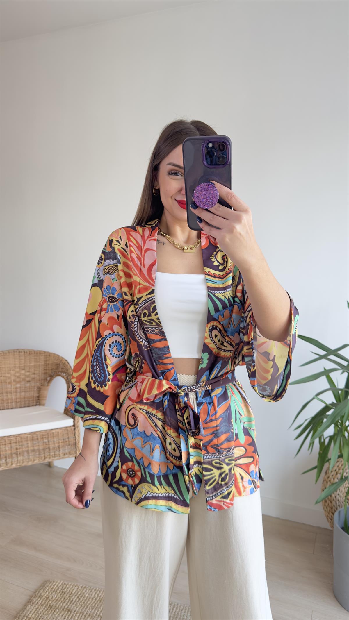 Çok Renkli Saten Kimono Ceket