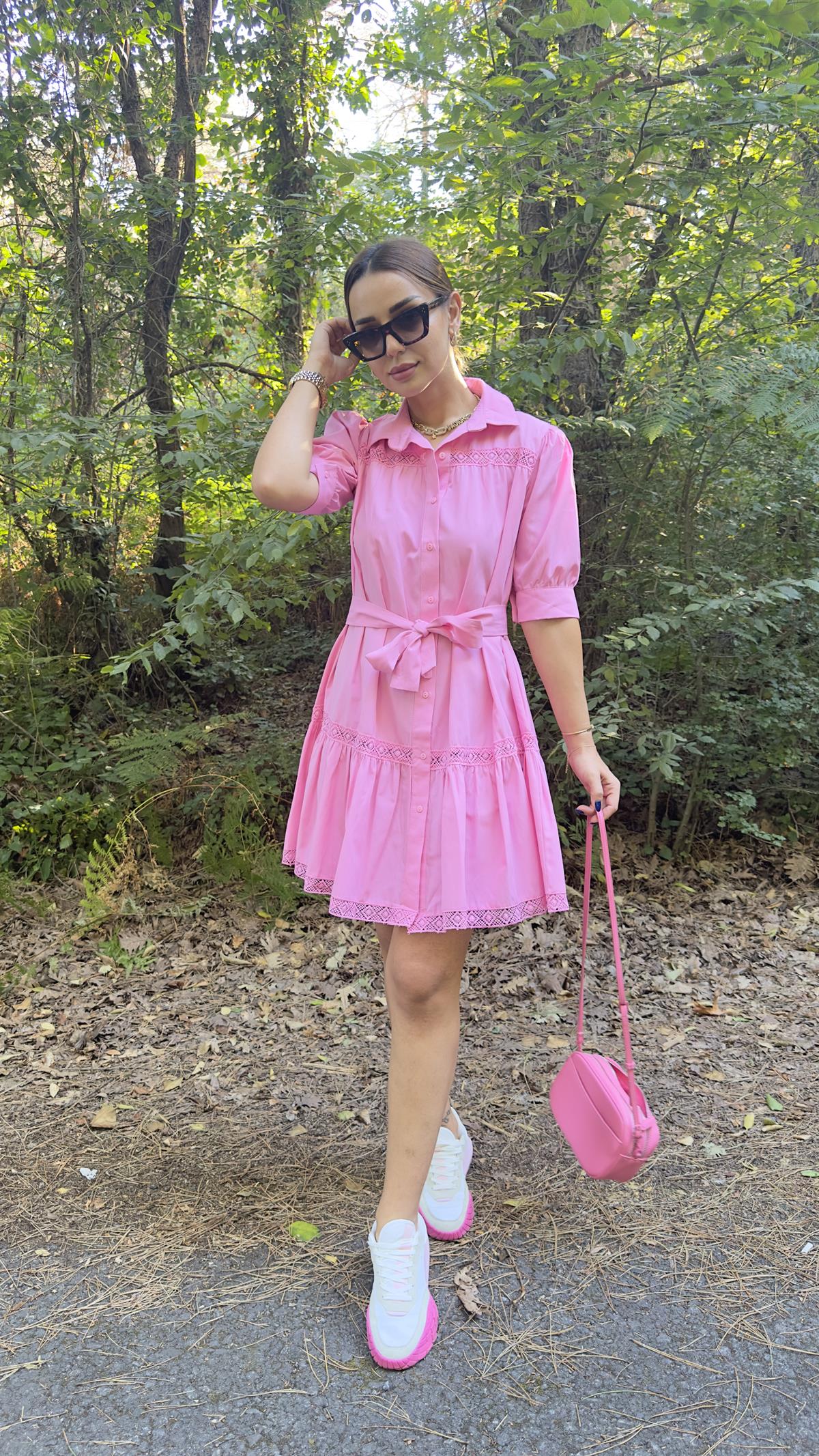 Liyo Nakış Detaylı Gömlek Yaka Pembe Elbise 