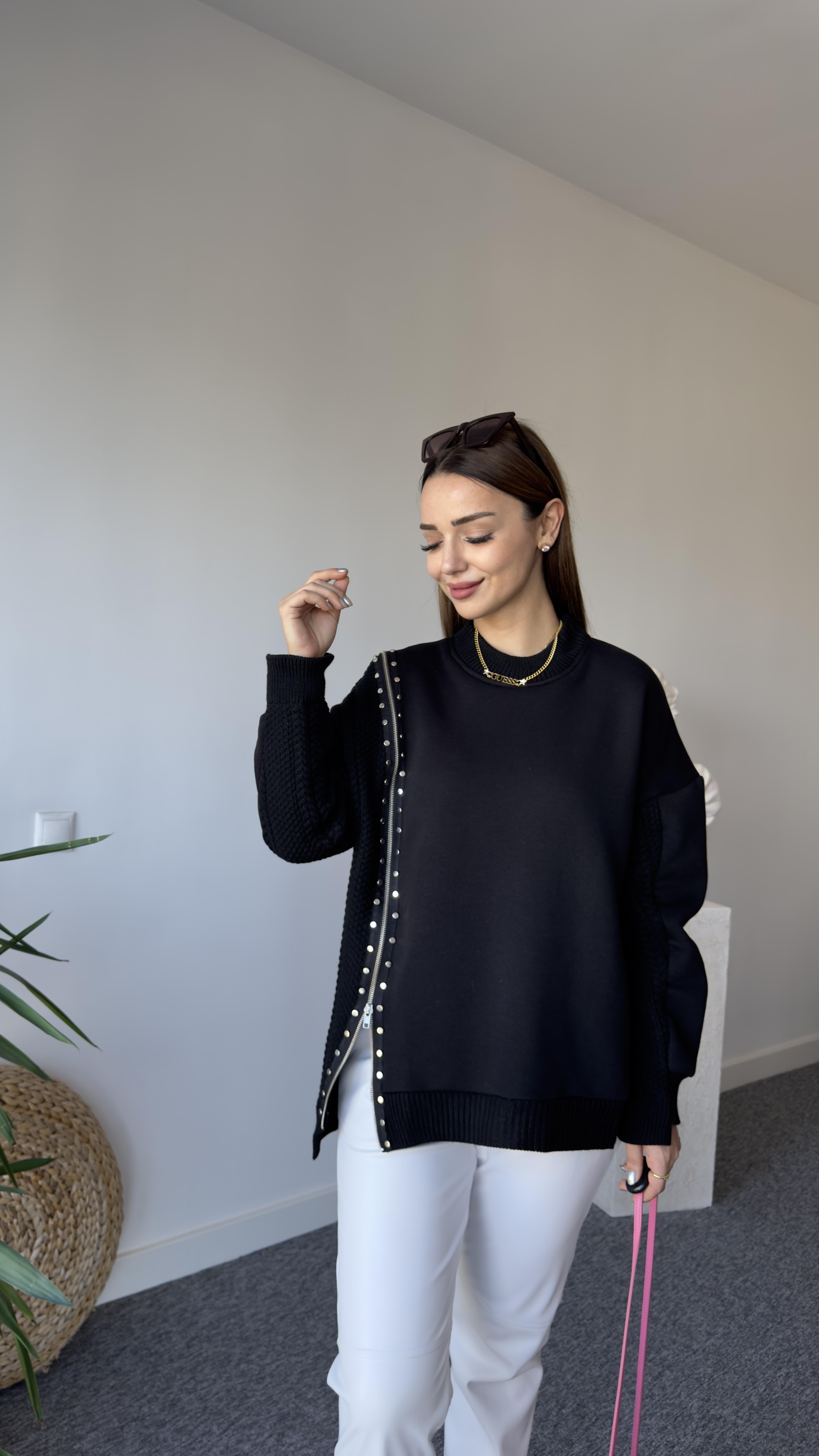 Fermuarlı Taş Detay Orj Model Siyah Tasarım Sweat 