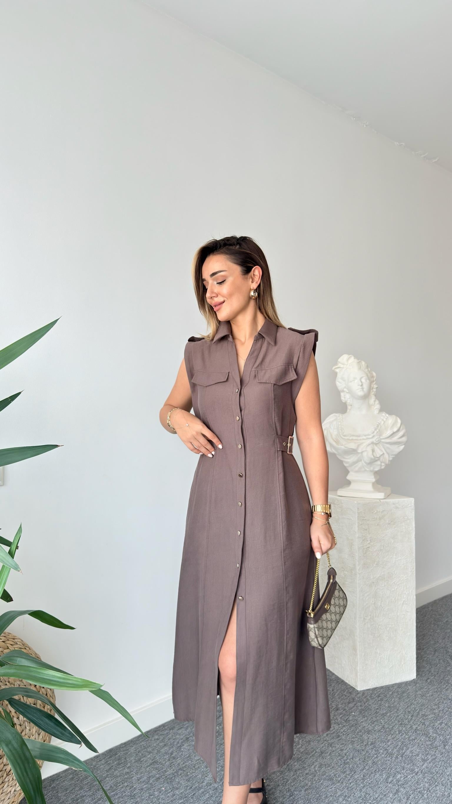 Kahve Yan Kemerli Zra Model Tensel Elbise 
