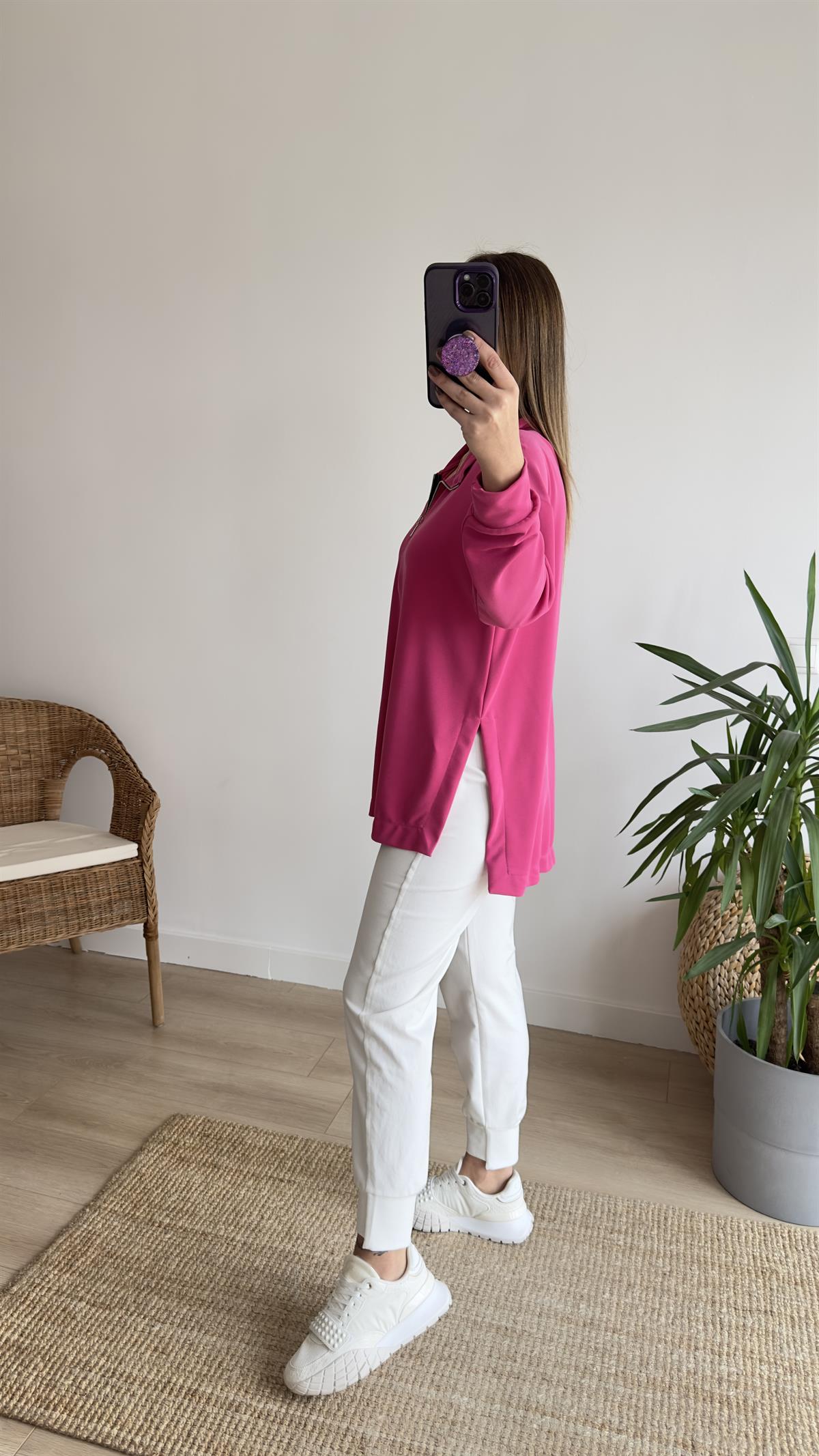 Fuşya Fermuarlı Mevsimlik Modal Sweat