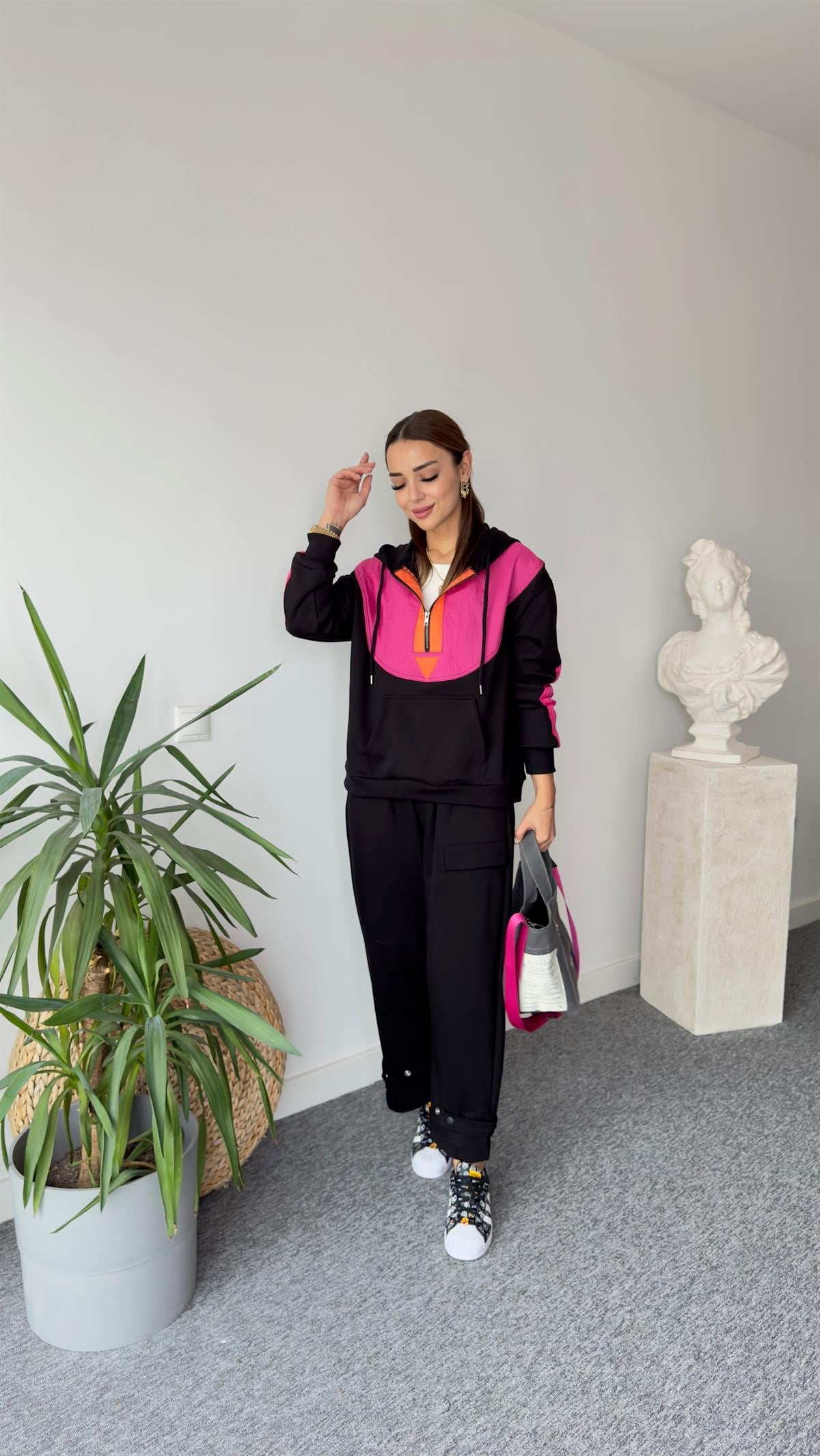 Flat Yarım Fermuar Fuşya Detay Sweat
