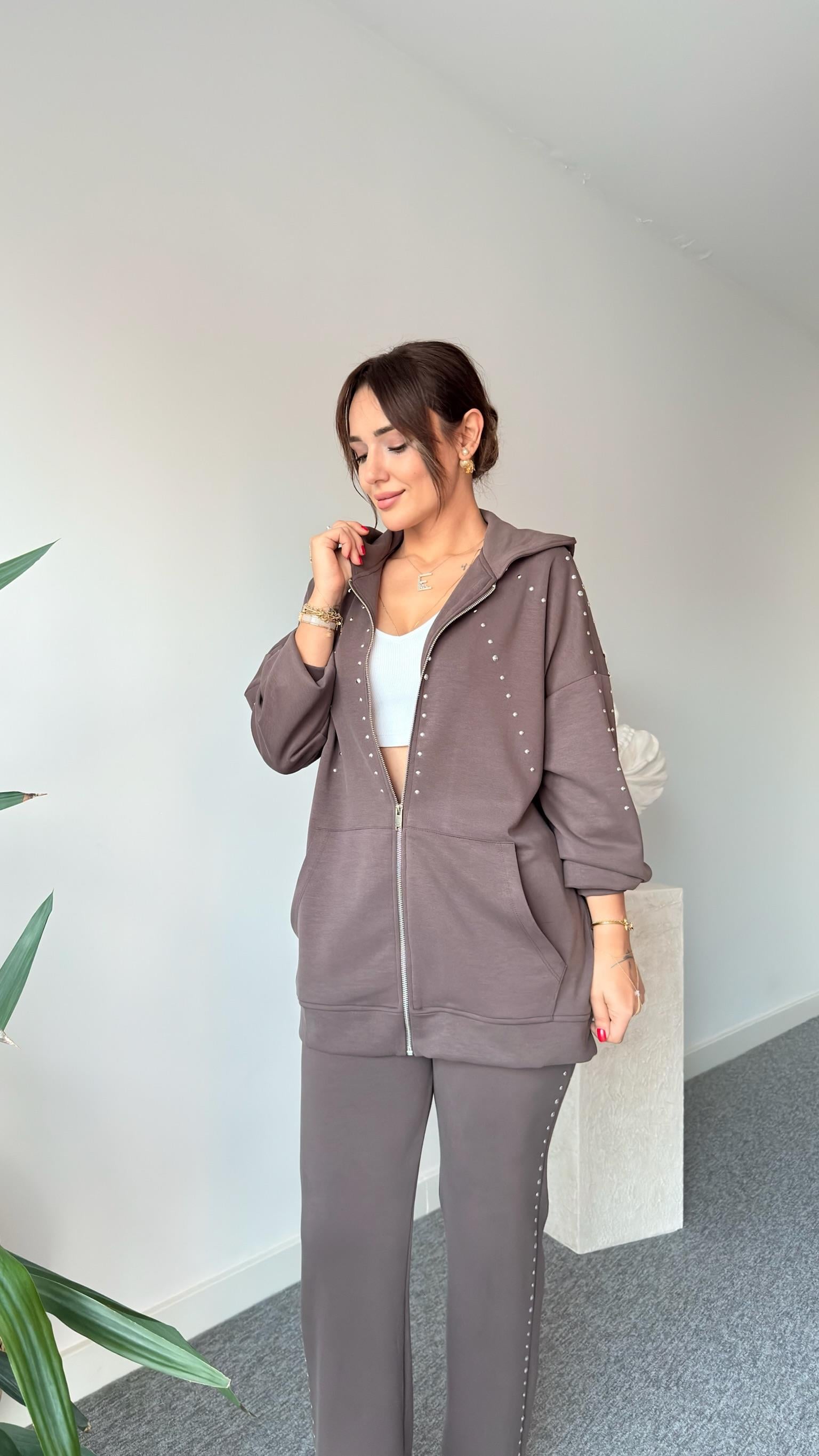 Kahve Zımbalı Kapüşonlu Modal Takım