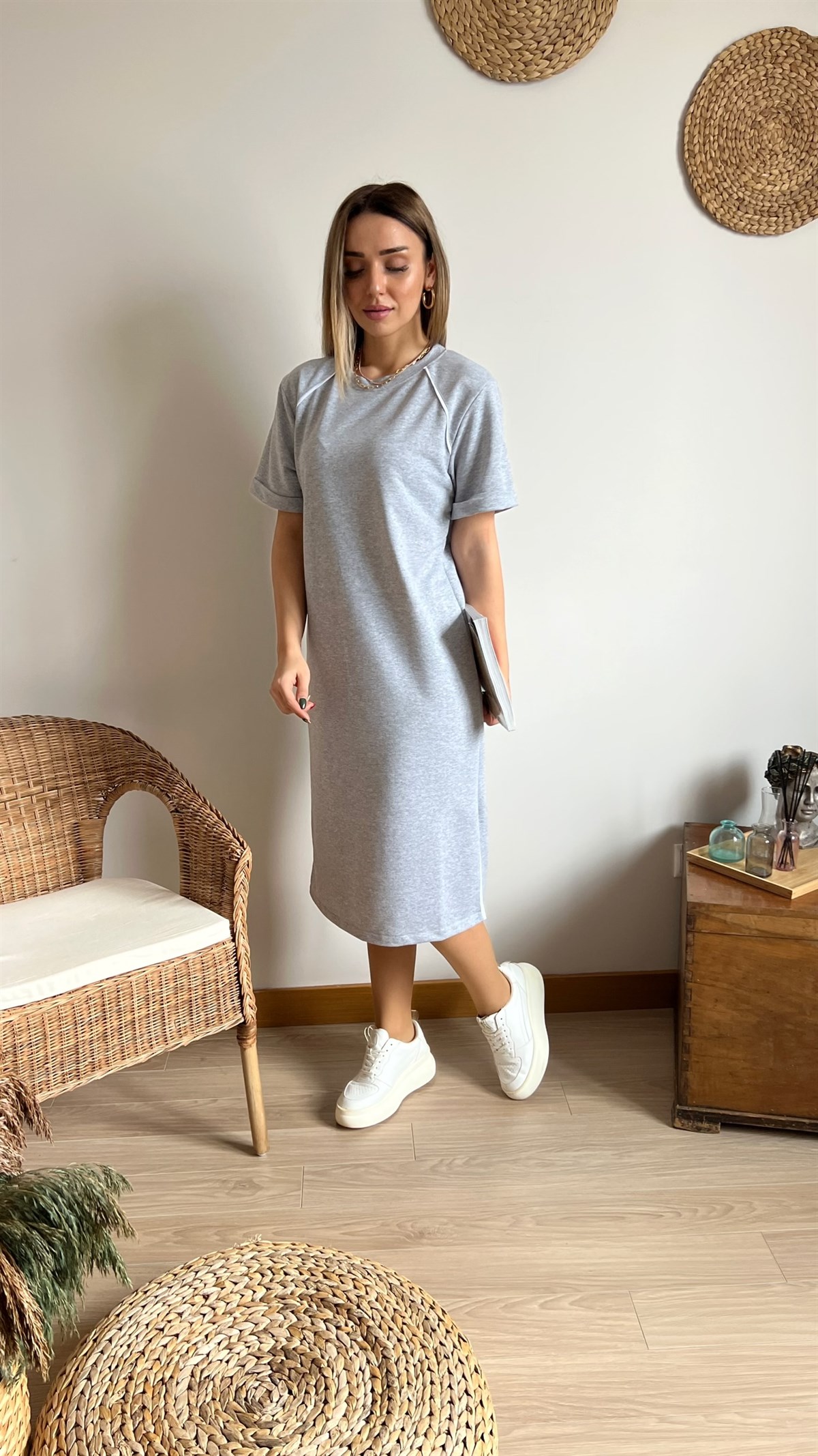 Twist Model Biye Detaylı Gri Elbise