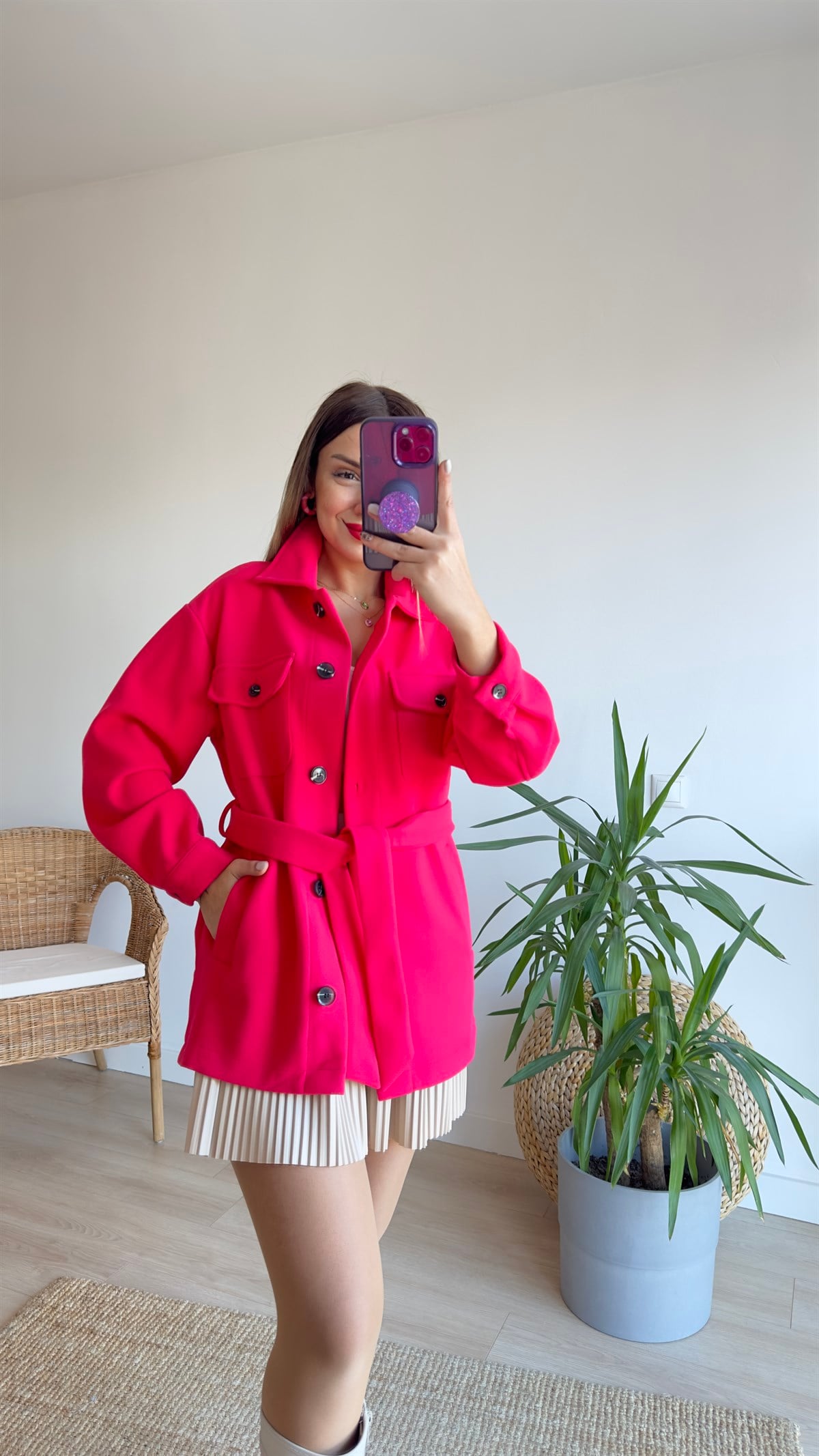 Kuşaklı Pembe Kaşe Ceket 
