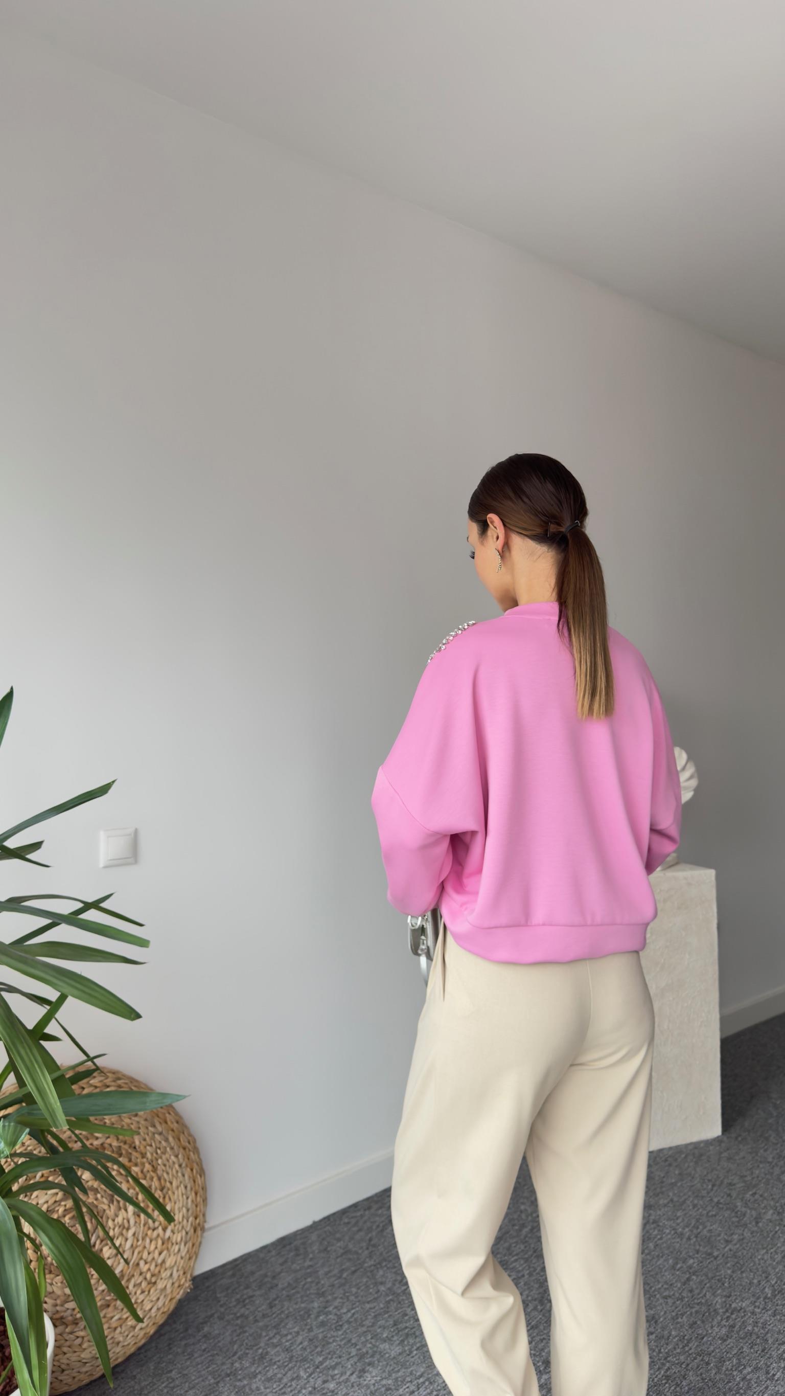 Premıum Büzgülü Taş Detay Pembe Modal Sweat
