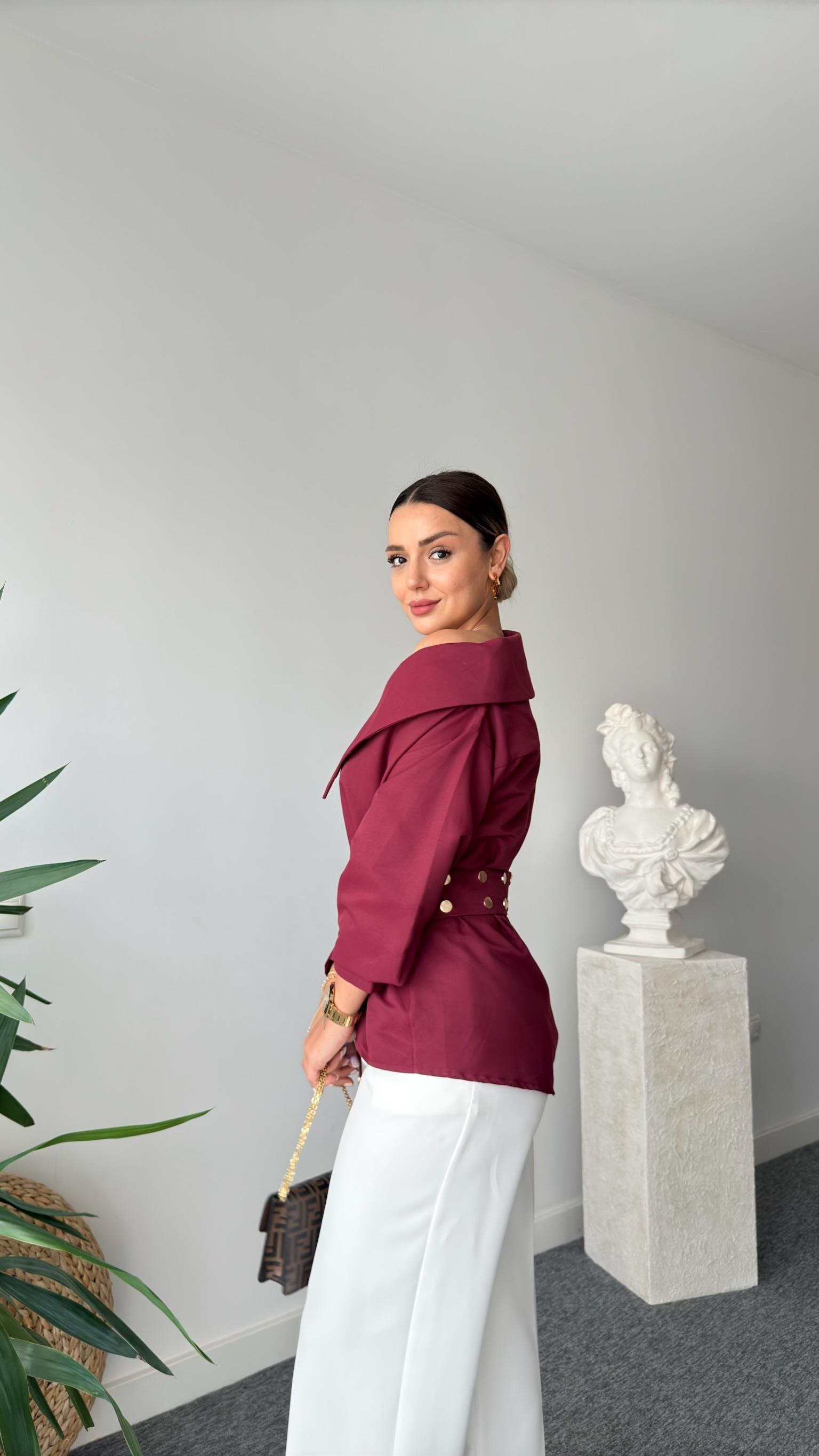 Dianes Marka Model Kemerli Tasarım Bordo Gömlek 