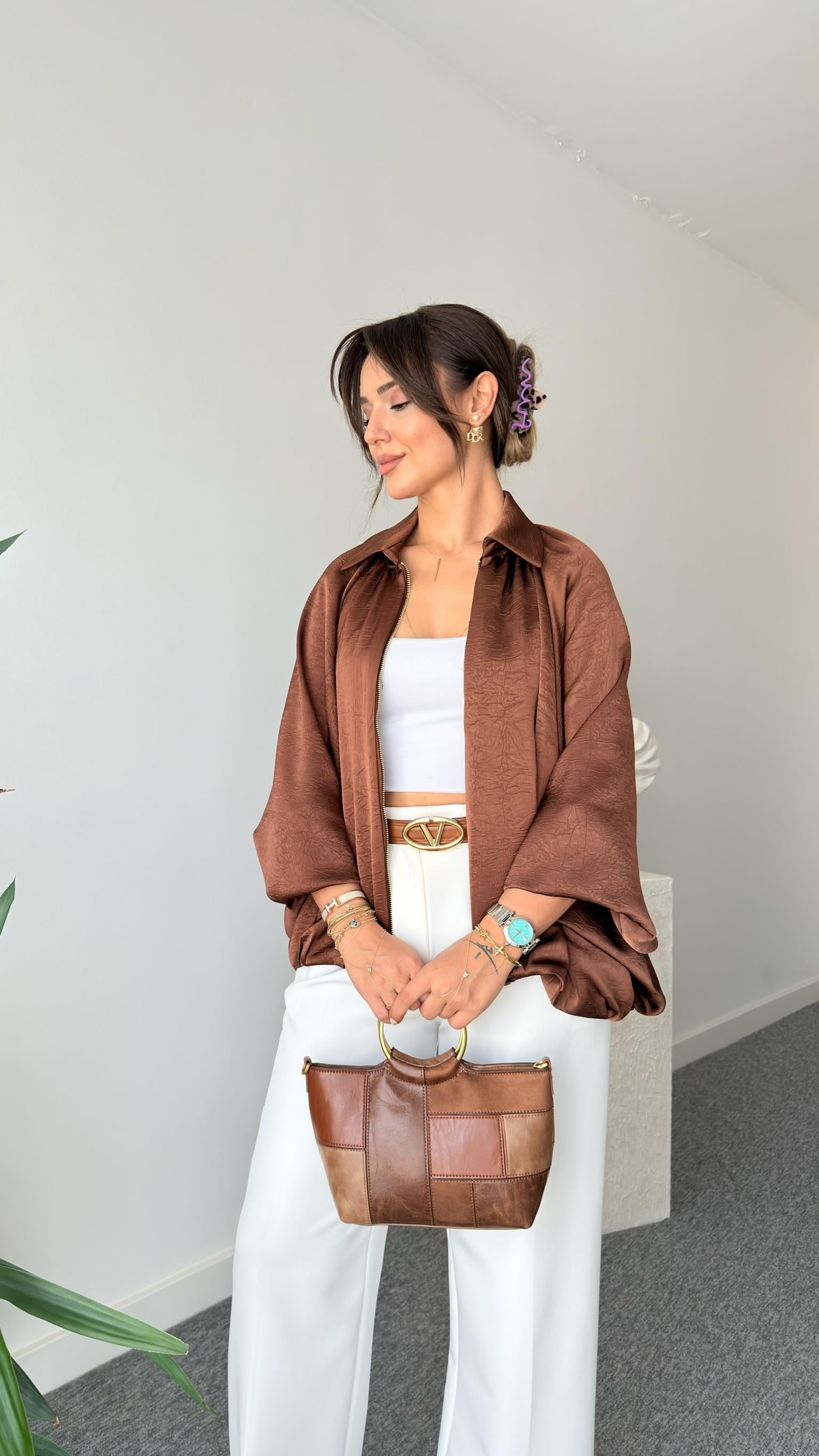 Kahve Seru Zra Model Oversize Saten Ceket   