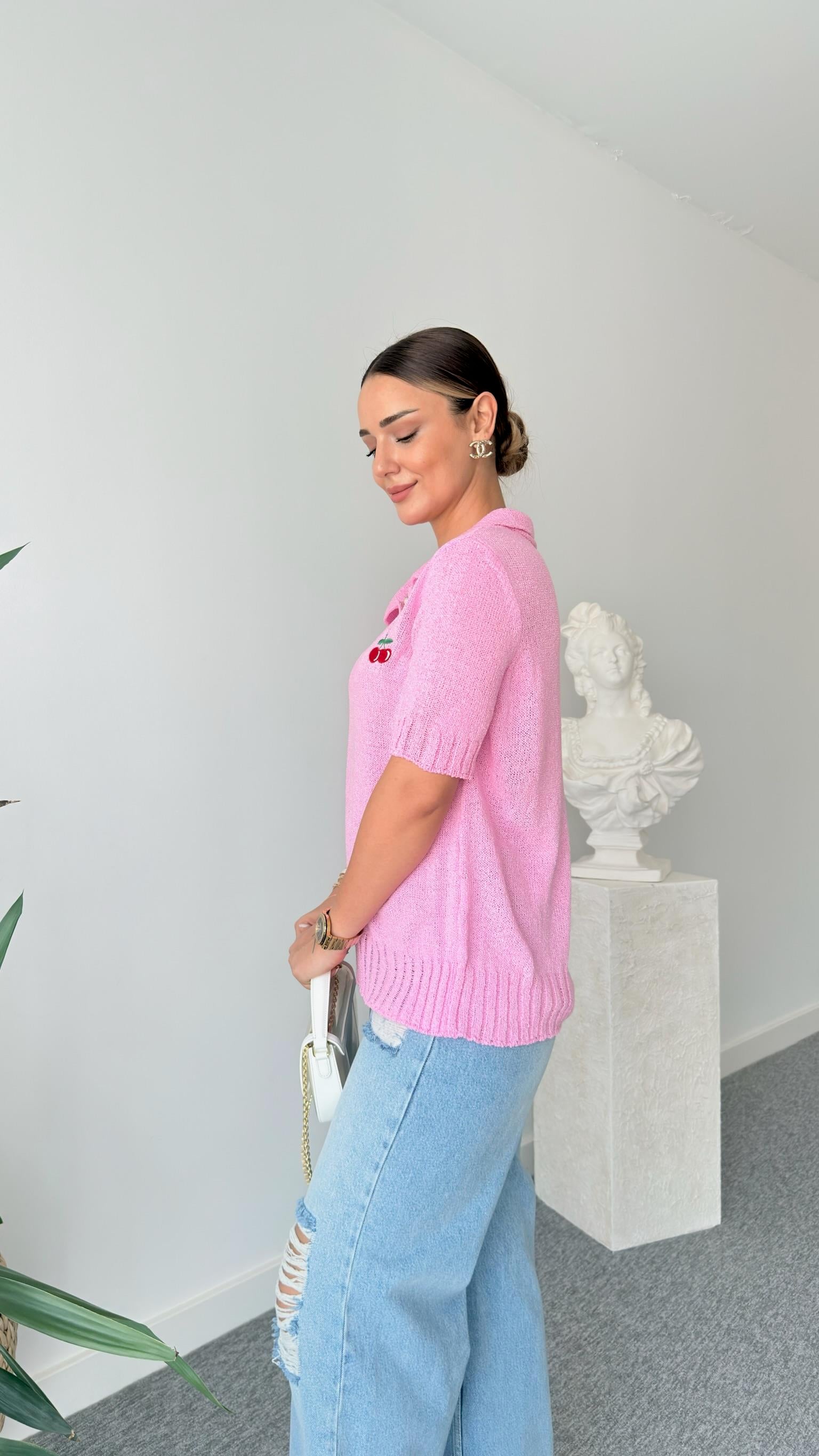 Pembe Kiraz Detaylı Triko Bluz