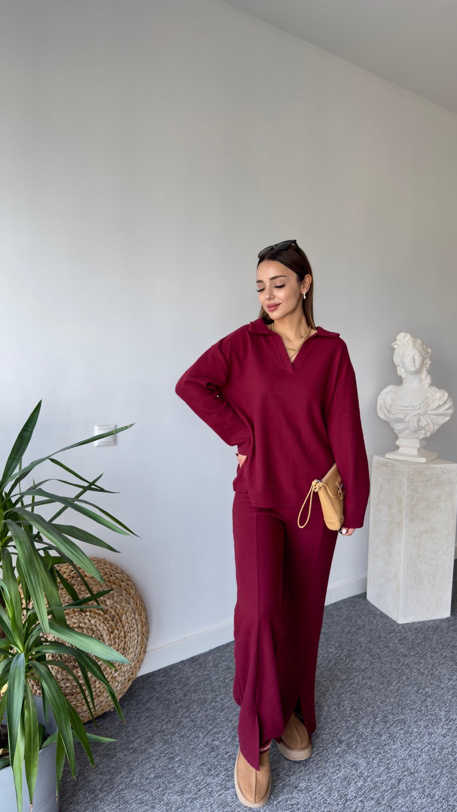 Polo yaka Paça Yırtmaçlı Bordo Takım