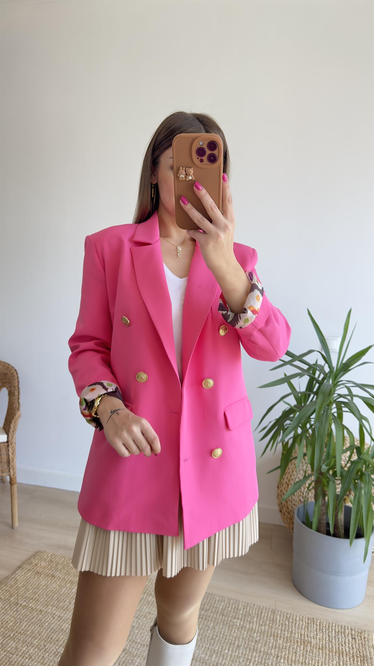 Renkli Astarlı Fuşya Blazer Ceket