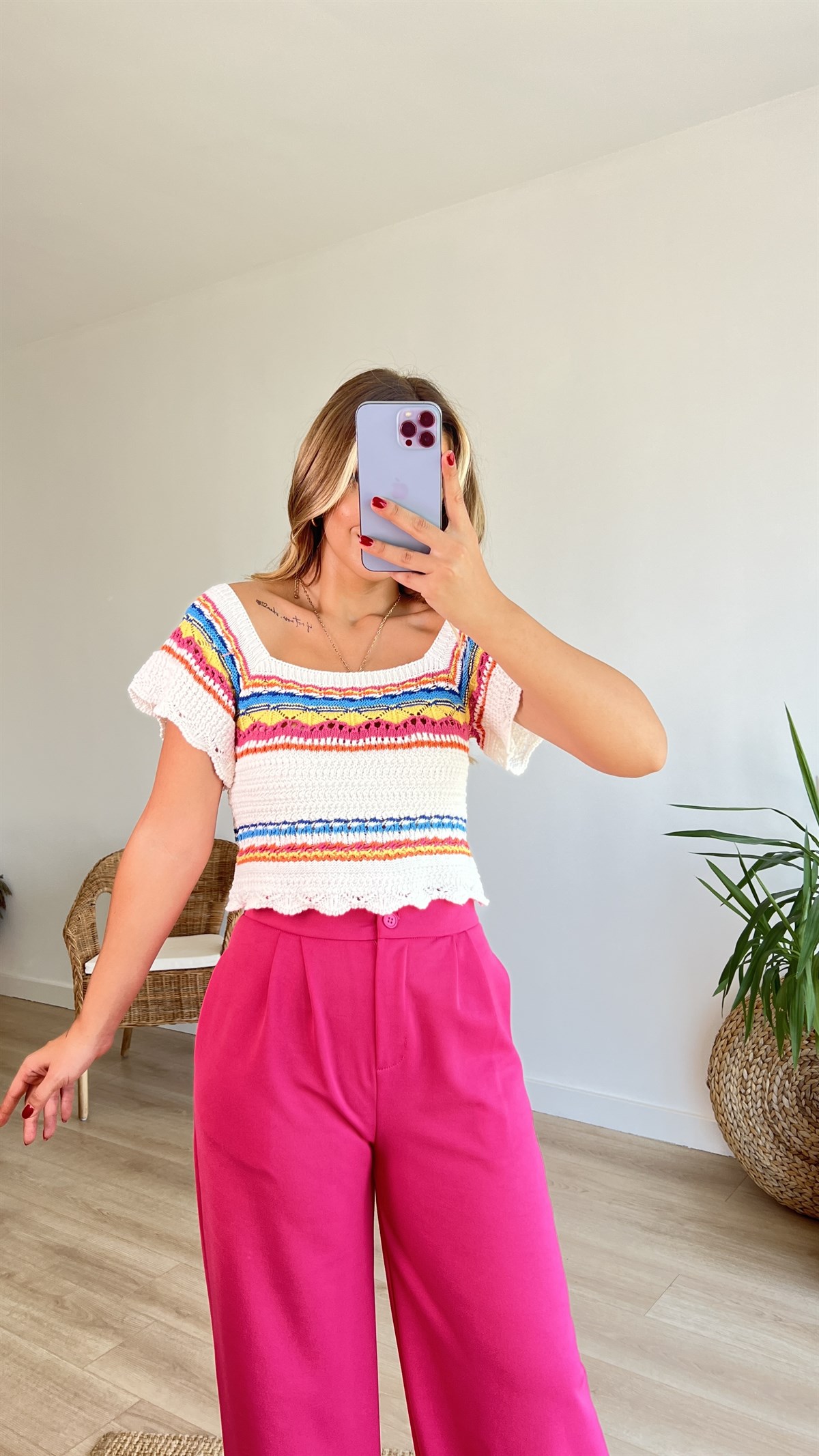  Renkli Örme Crop Bluz