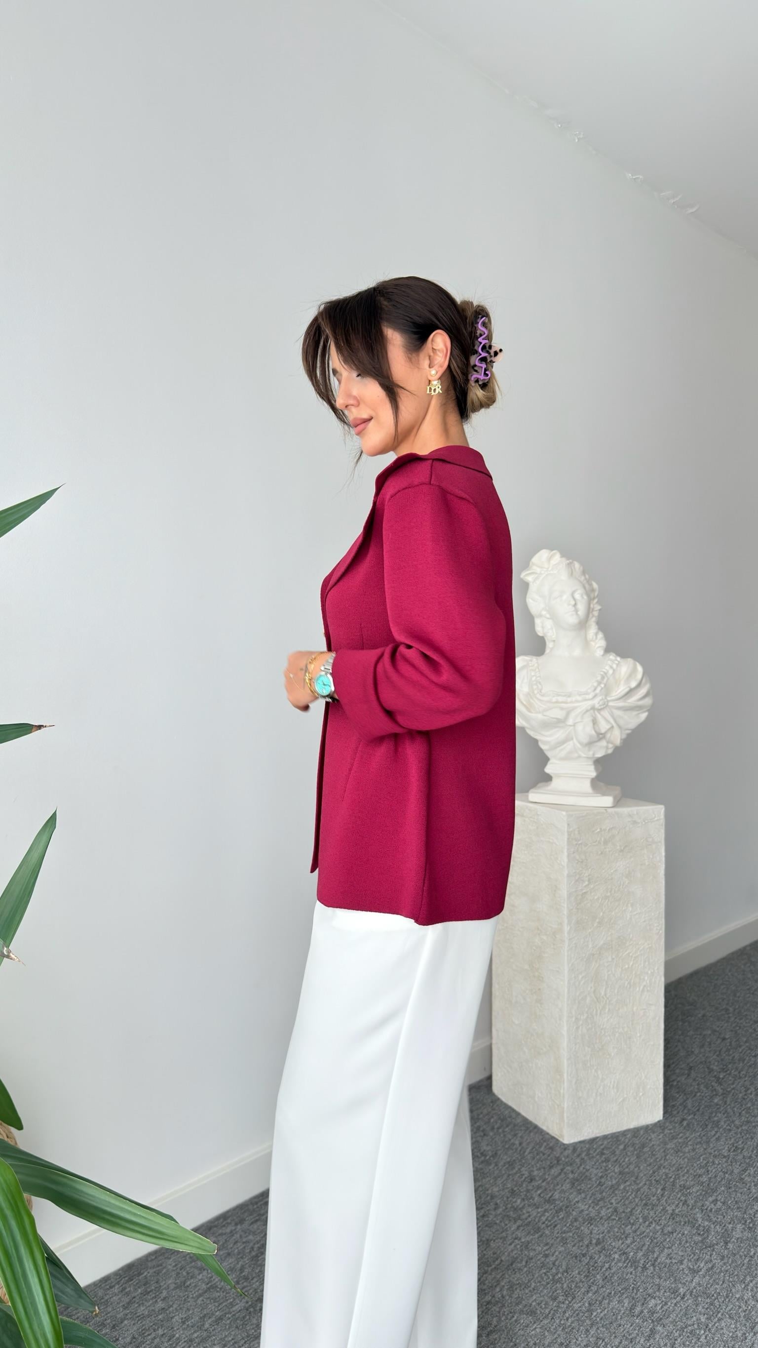 Bordo Lotse Gold Düğme Triko Ceket