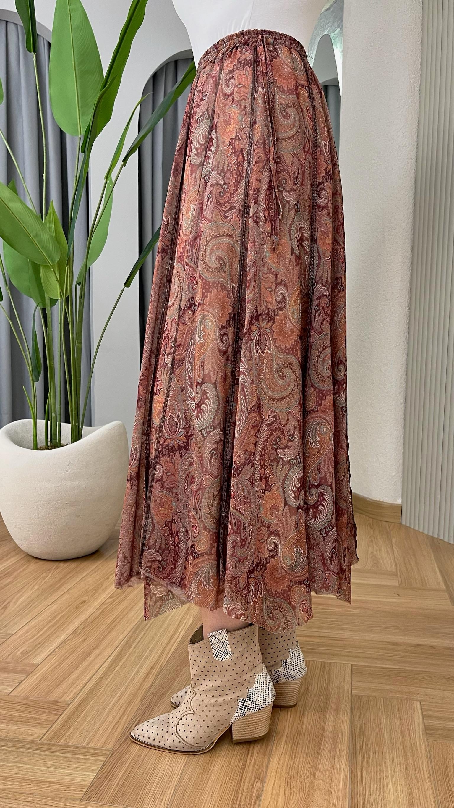 Turuncu Zien Etnik Desenli Şifon Etek