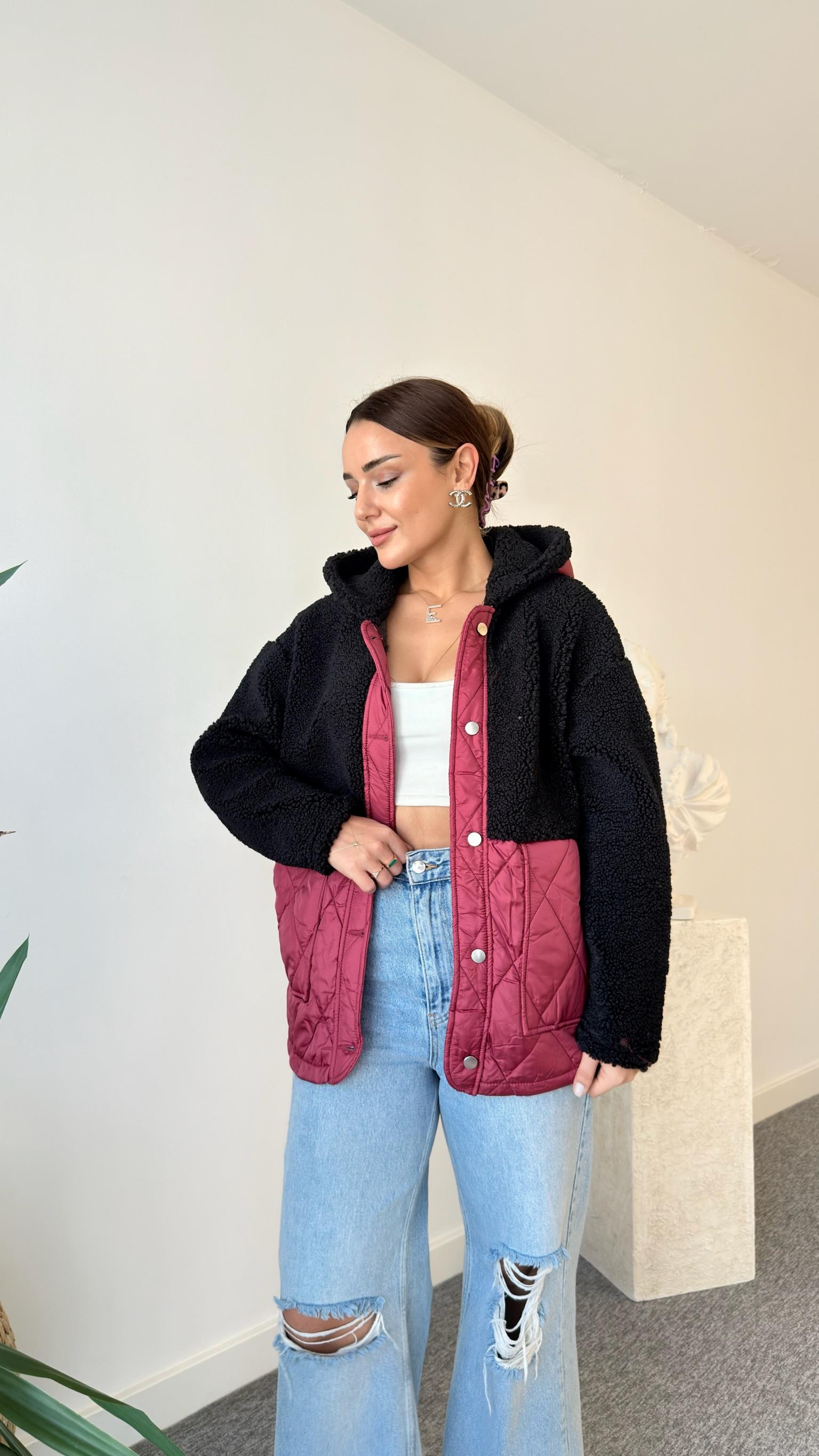 Bordo  Kapitone Detaylı Siyah Teddy Ceket